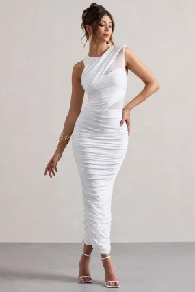 Born With It | White Sleeveless High-Neck Draped Maxi Dress With Mesh Inserts