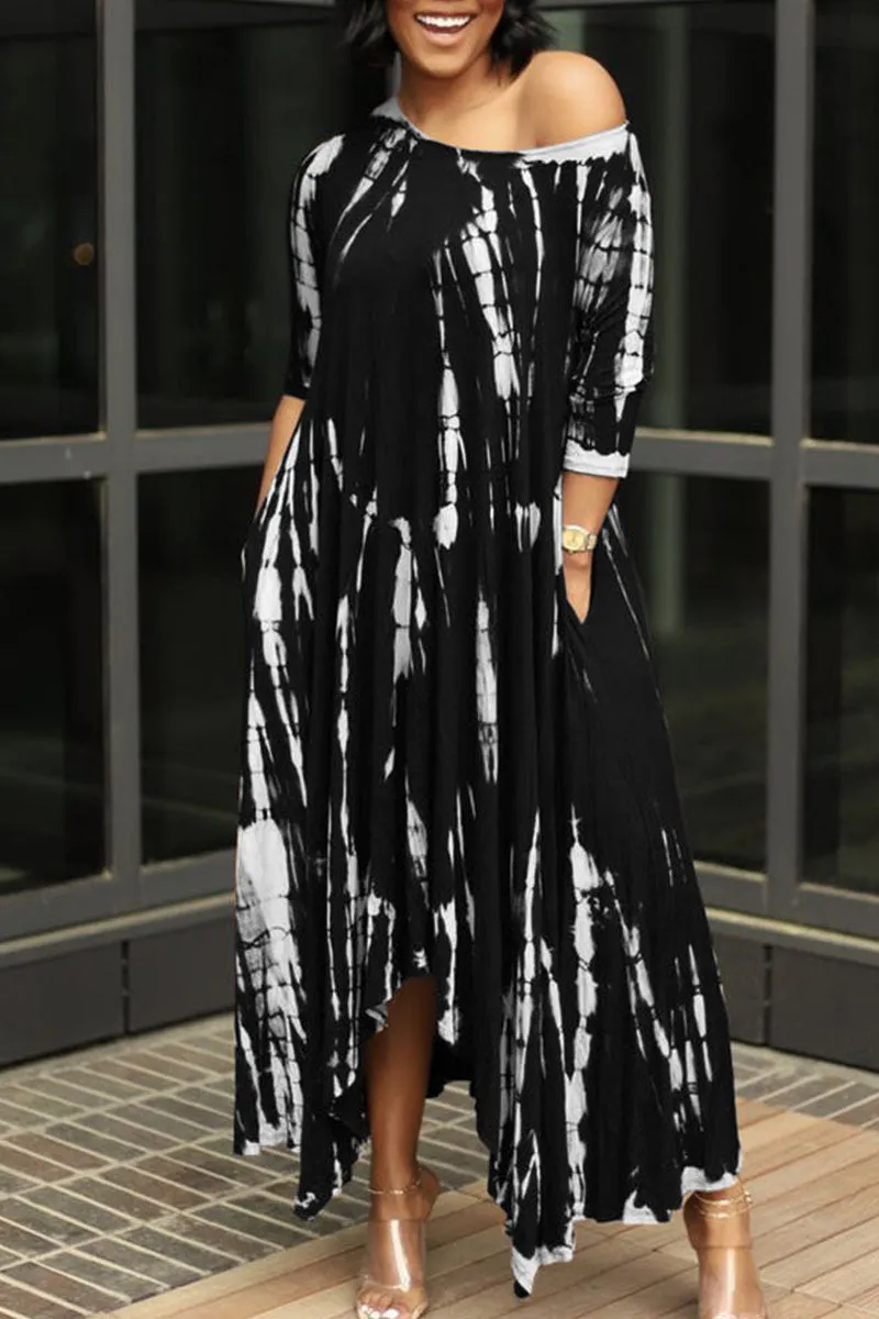 British Style Print Split Joint Asymmetrical O Neck Irregular Dress Dresses