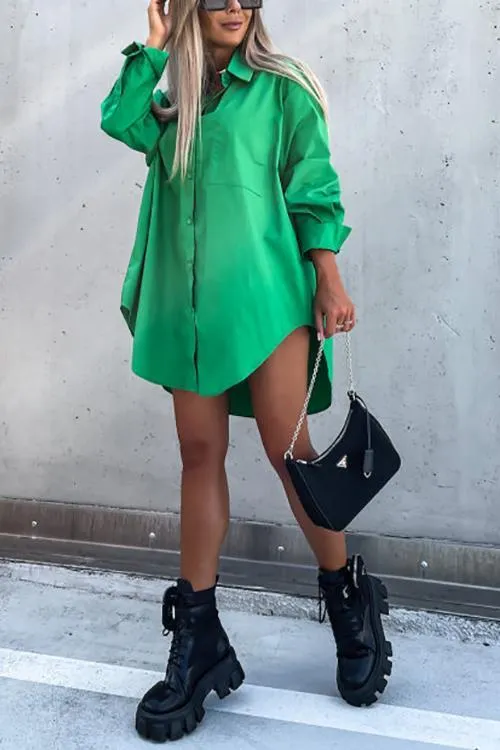 Button Pockets Oversized Shirt Dress