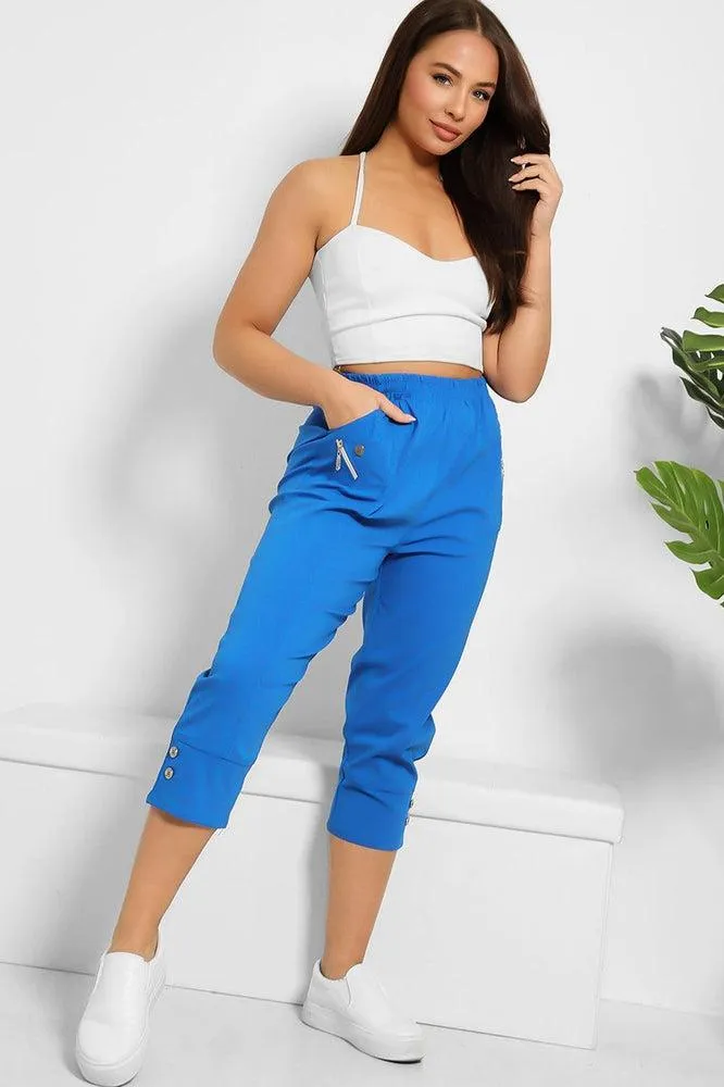 Buttoned Cuffs Elastic Waist Cropped Cargo Trousers