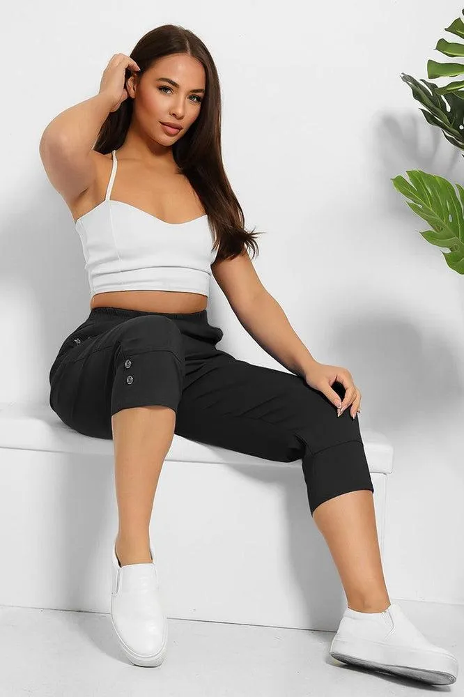 Buttoned Cuffs Elastic Waist Cropped Cargo Trousers