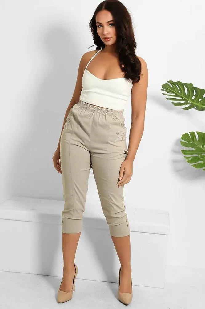 Buttoned Cuffs Elastic Waist Cropped Cargo Trousers