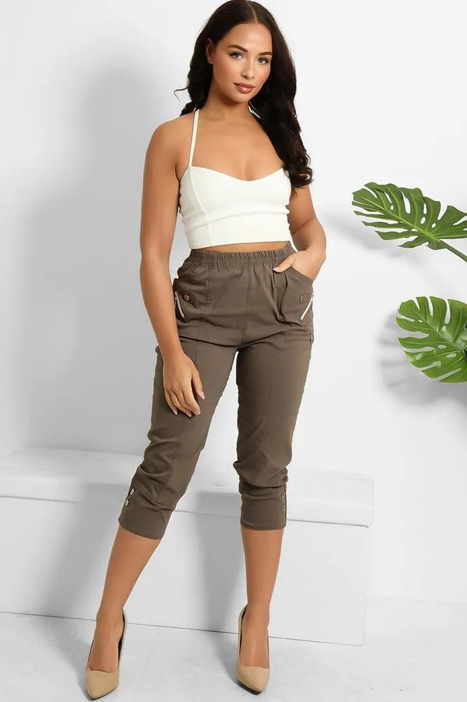 Buttoned Cuffs Elastic Waist Cropped Cargo Trousers