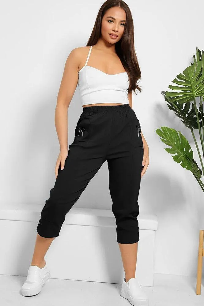 Buttoned Cuffs Elastic Waist Cropped Cargo Trousers