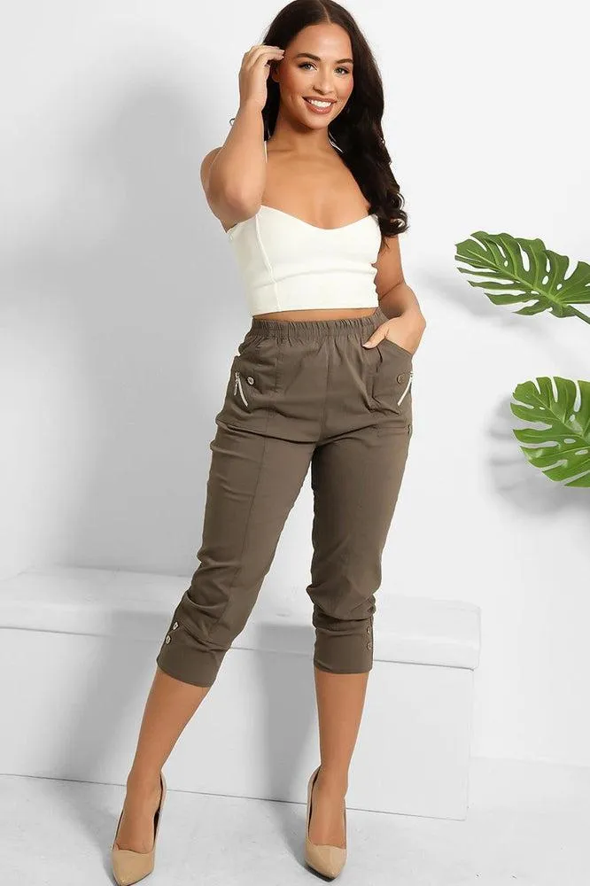 Buttoned Cuffs Elastic Waist Cropped Cargo Trousers