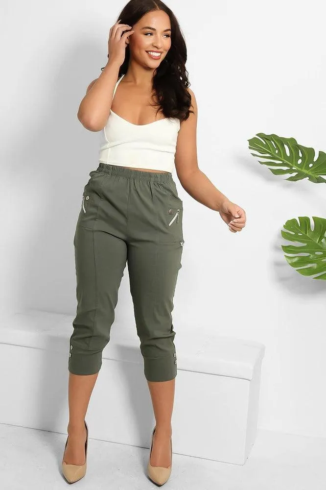 Buttoned Cuffs Elastic Waist Cropped Cargo Trousers