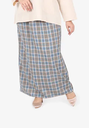 Cesaria Long Checkered Straight Cut Skirt - Light Blue