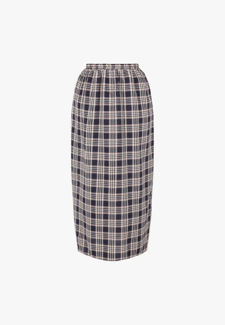 Cesaria Long Checkered Straight Cut Skirt - Navy Blue