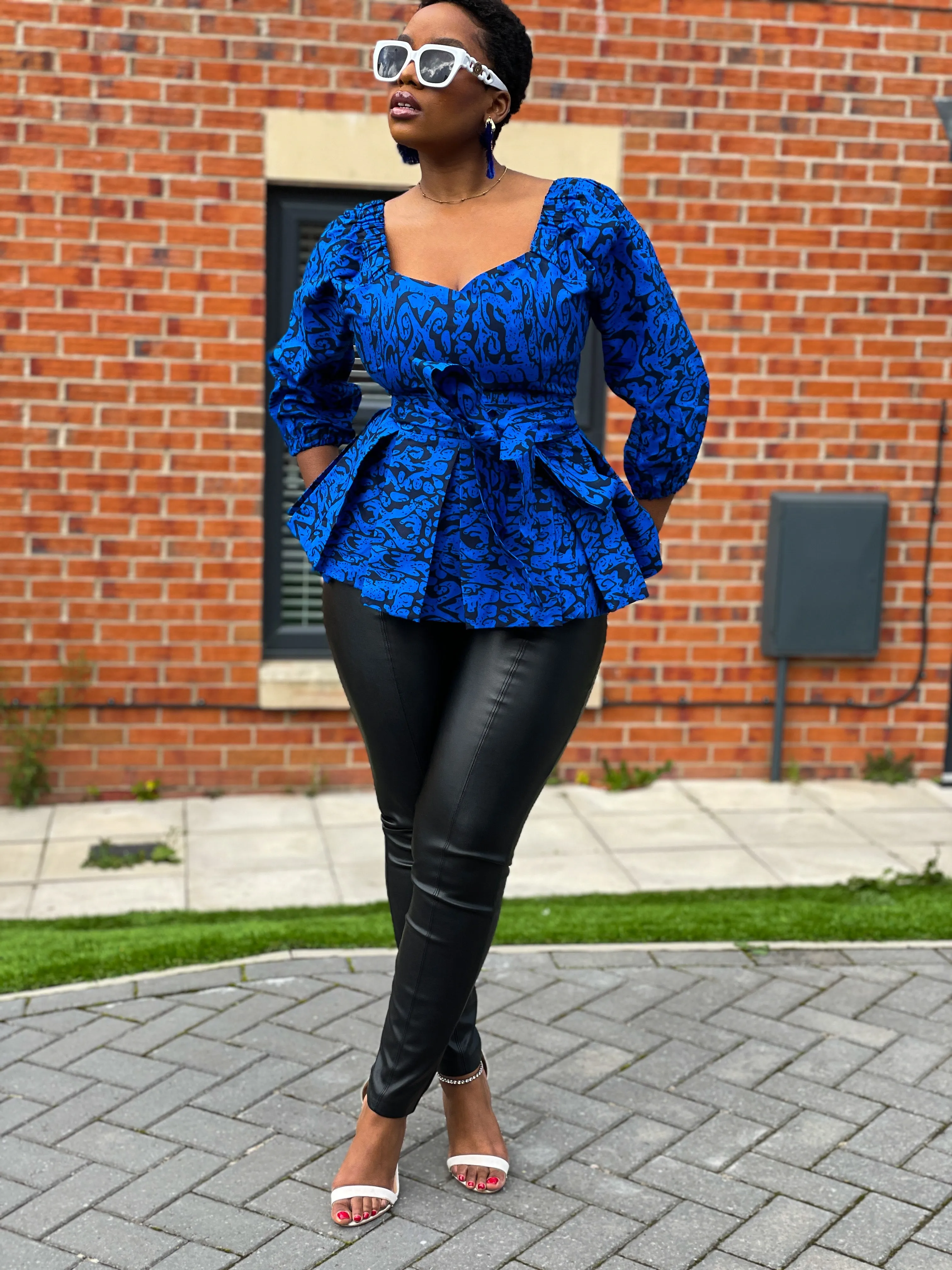 Charlie Ankara Peplum Top | Blue African Print