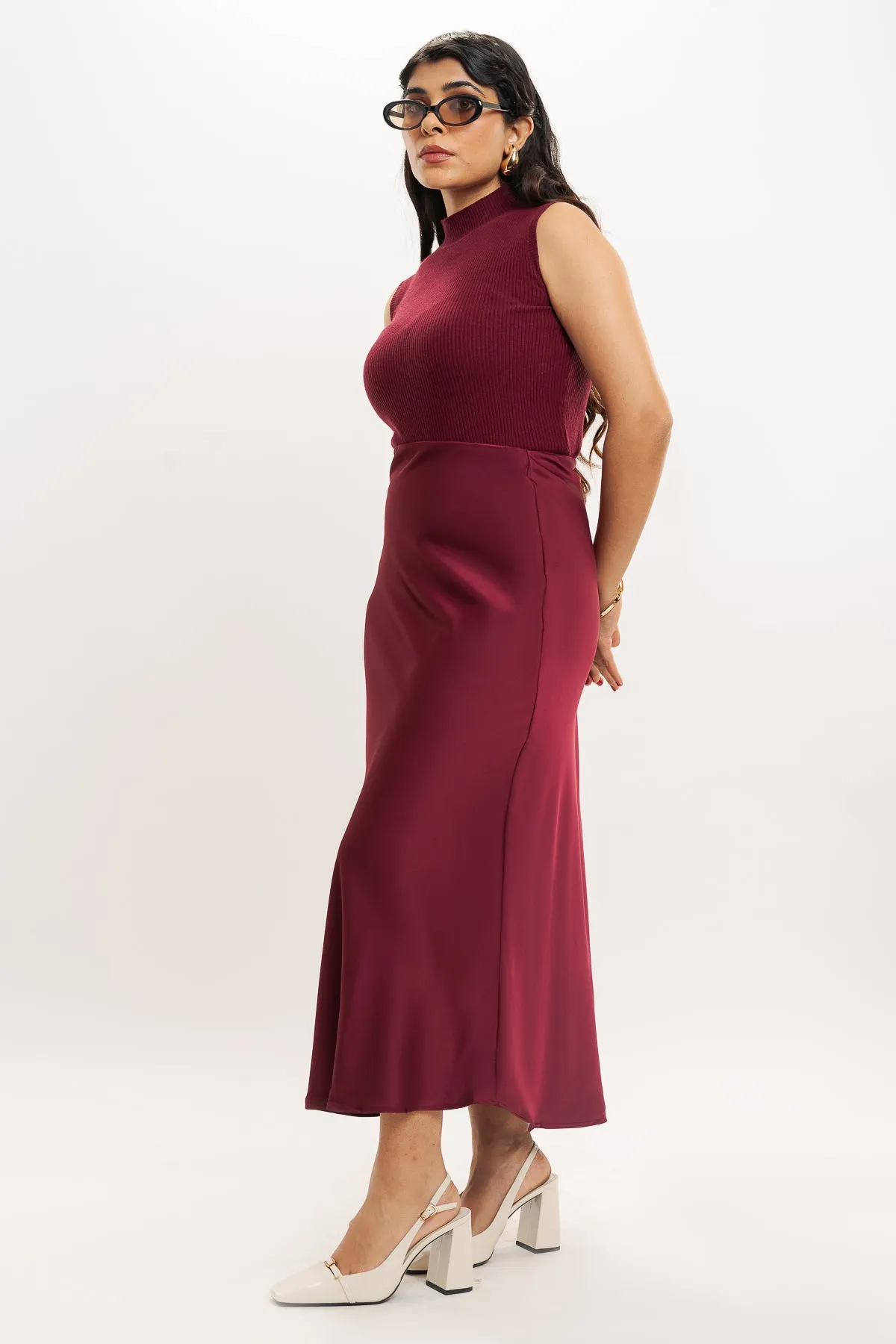 Cherry Red Satin Long Skirt