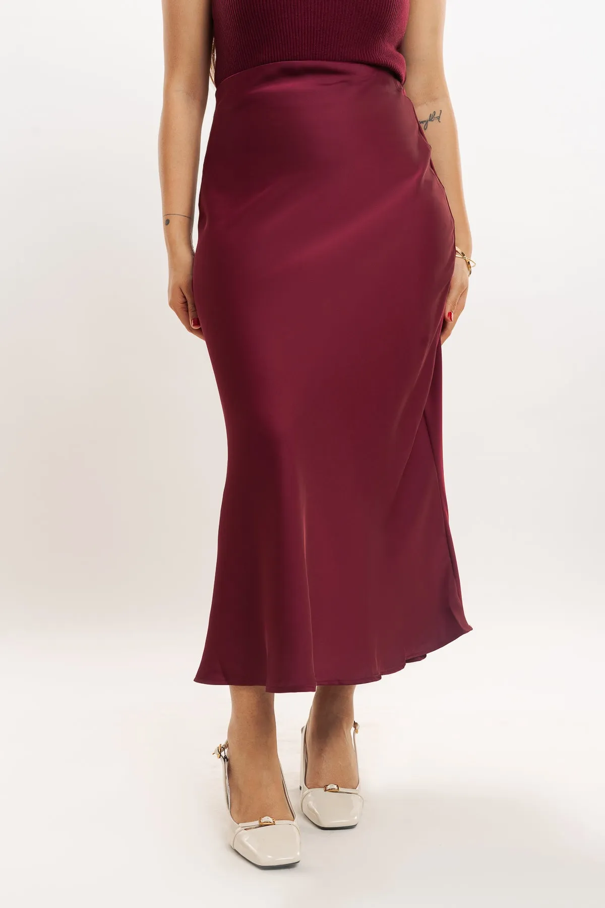 Cherry Red Satin Long Skirt