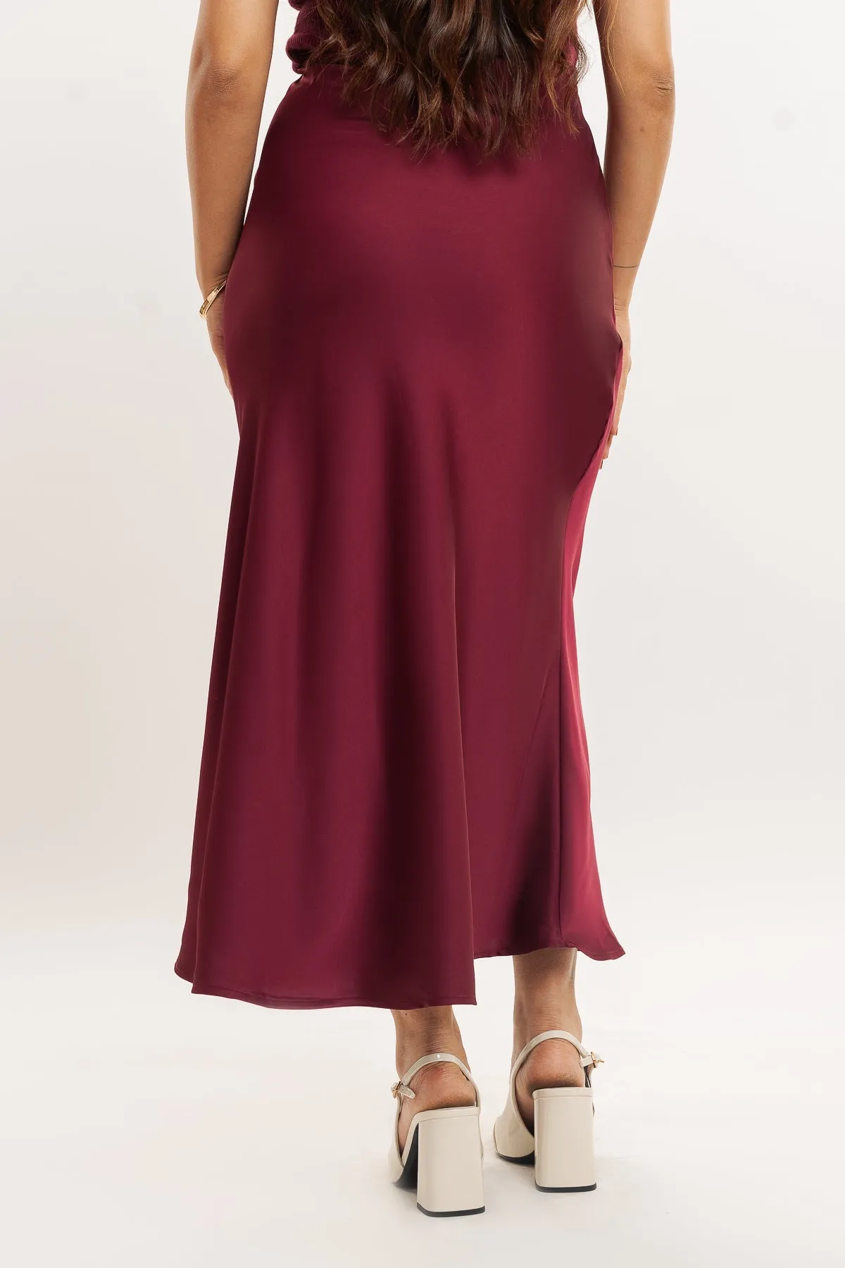 Cherry Red Satin Long Skirt