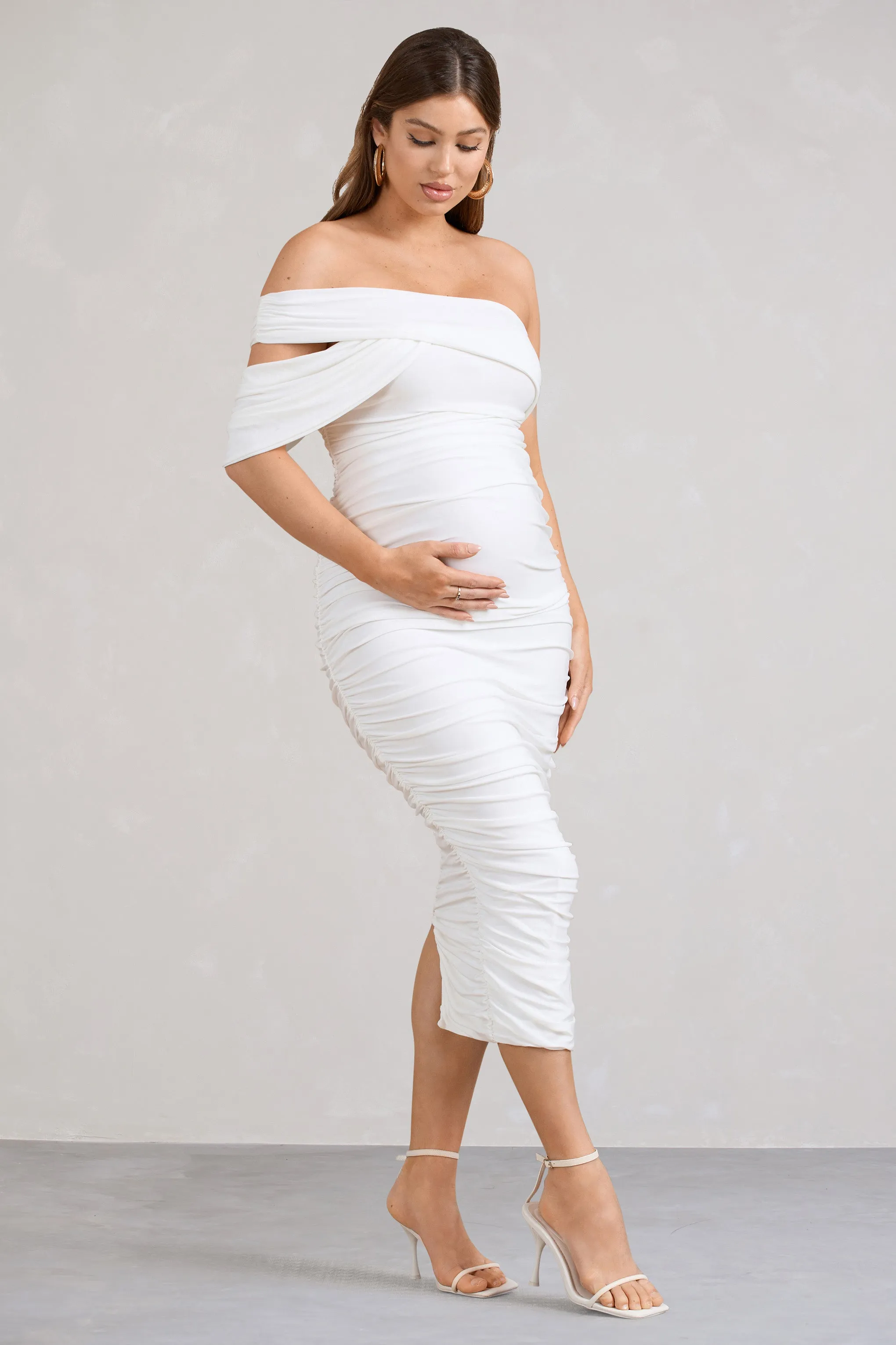 Cici | White Asymmetric Ruched Maternity Midi Dress