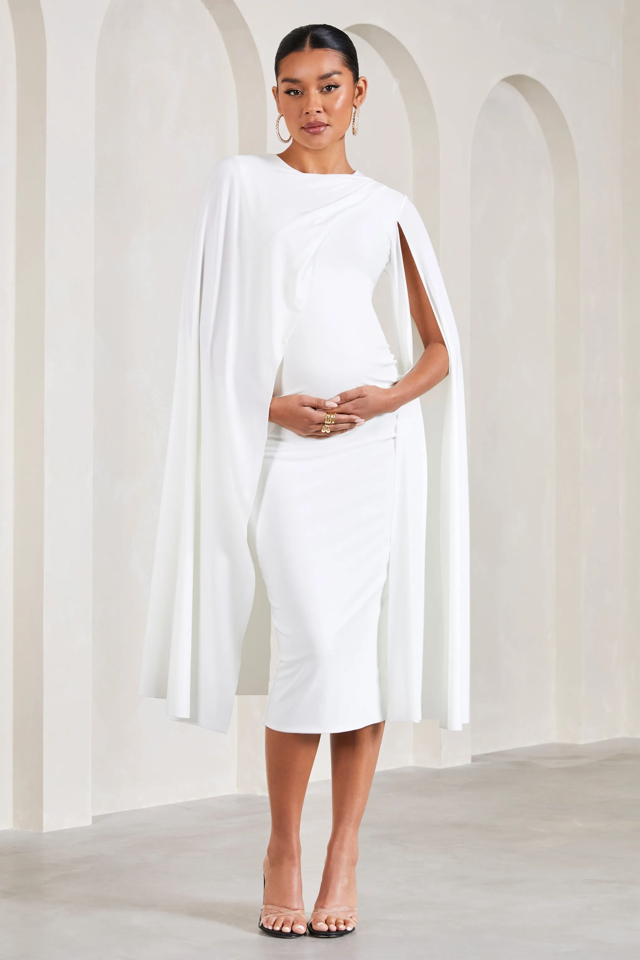 Cloud Nine | White Maternity Midi Dress With Cape Sleeves