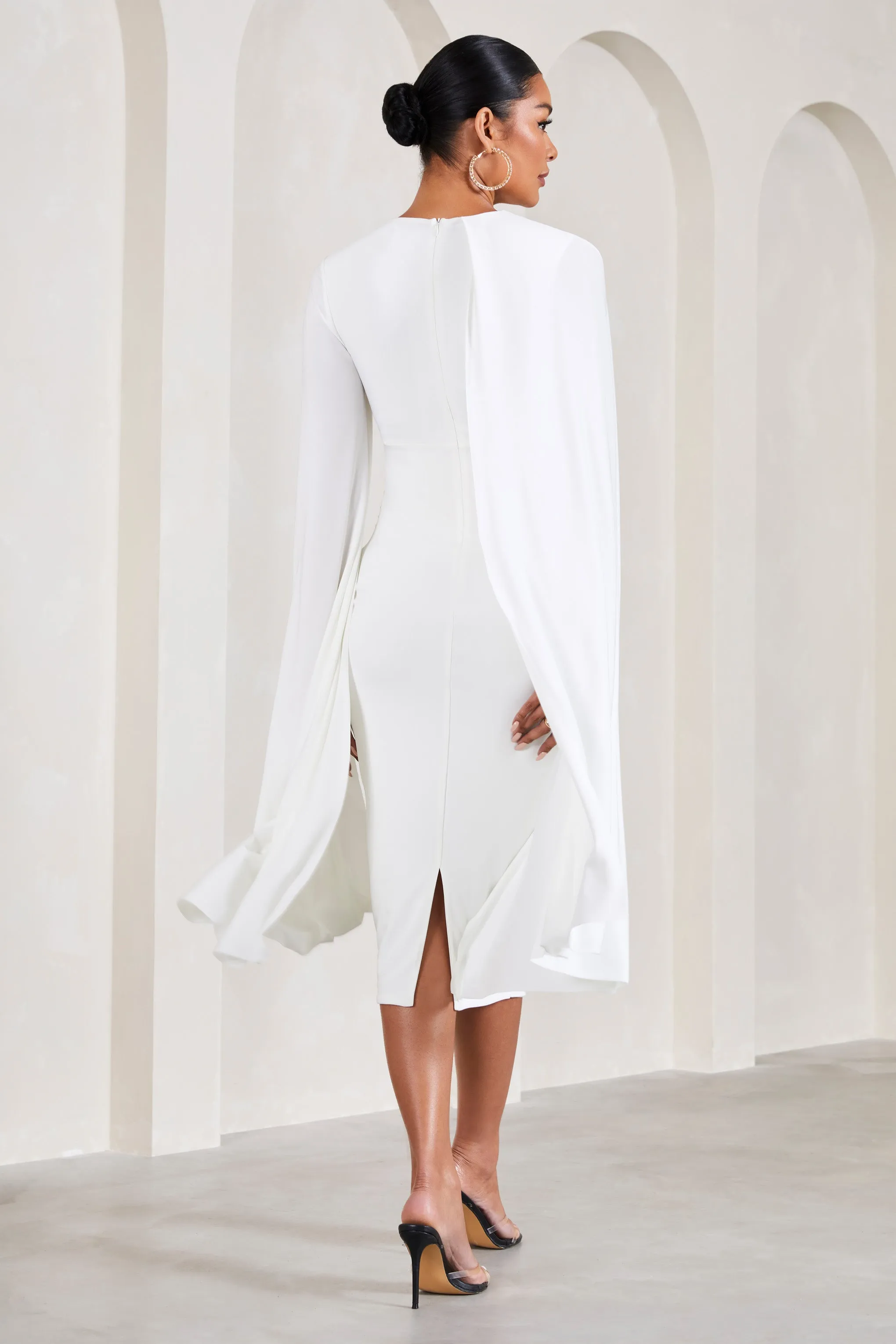 Cloud Nine | White Maternity Midi Dress With Cape Sleeves