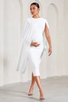 Cloud Nine | White Maternity Midi Dress With Cape Sleeves