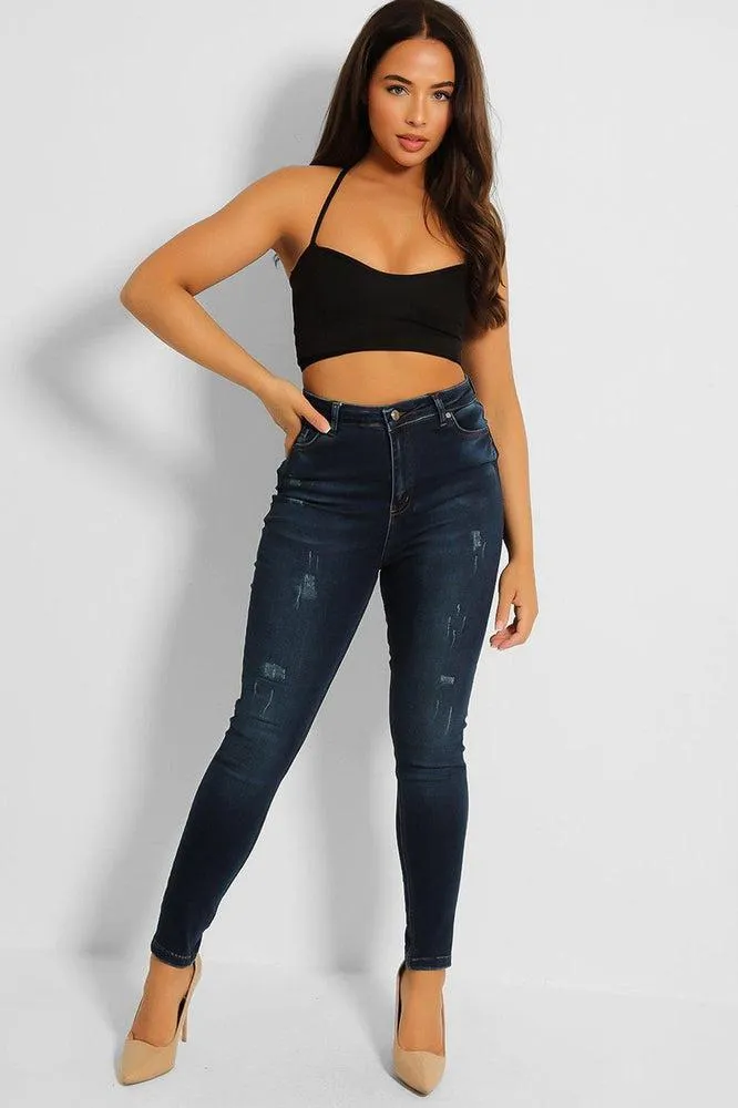 Dark Blue Distressed Finish Skinny Jeans