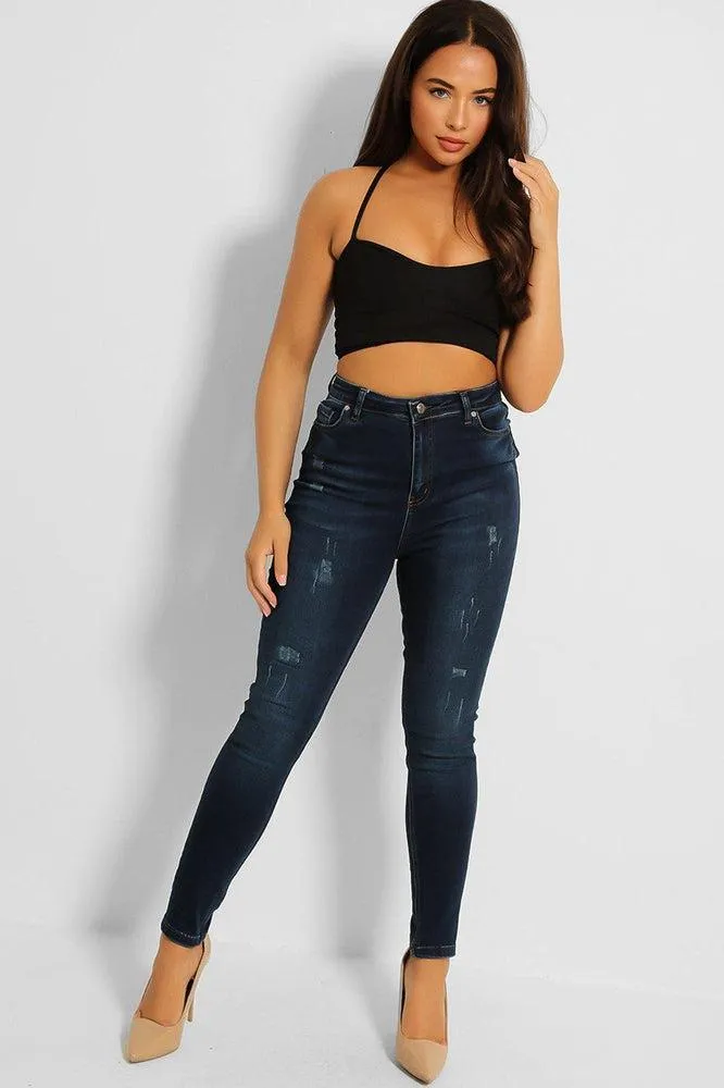 Dark Blue Distressed Finish Skinny Jeans