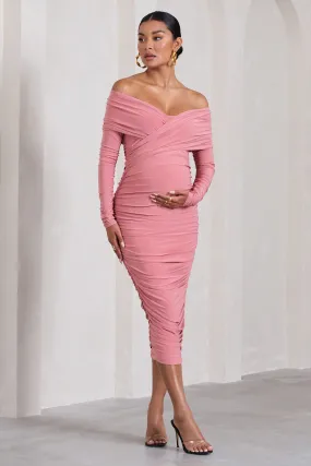 Davina | Blush Pink Ruched Twist Bardot Long-Sleeve Maternity Midi Dress