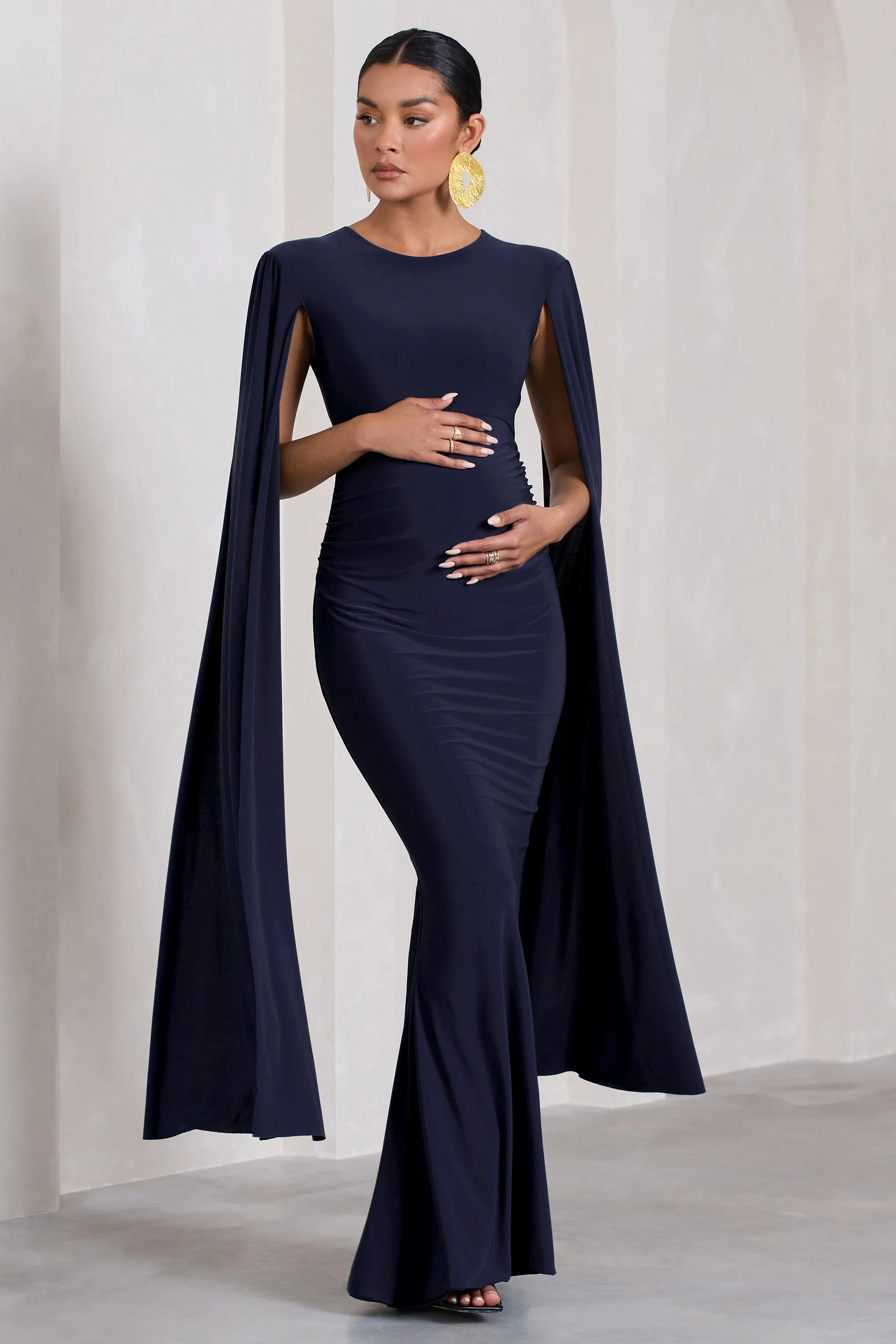 Divine Timing | Navy Maternity Maxi Dress With Cape Sleeves