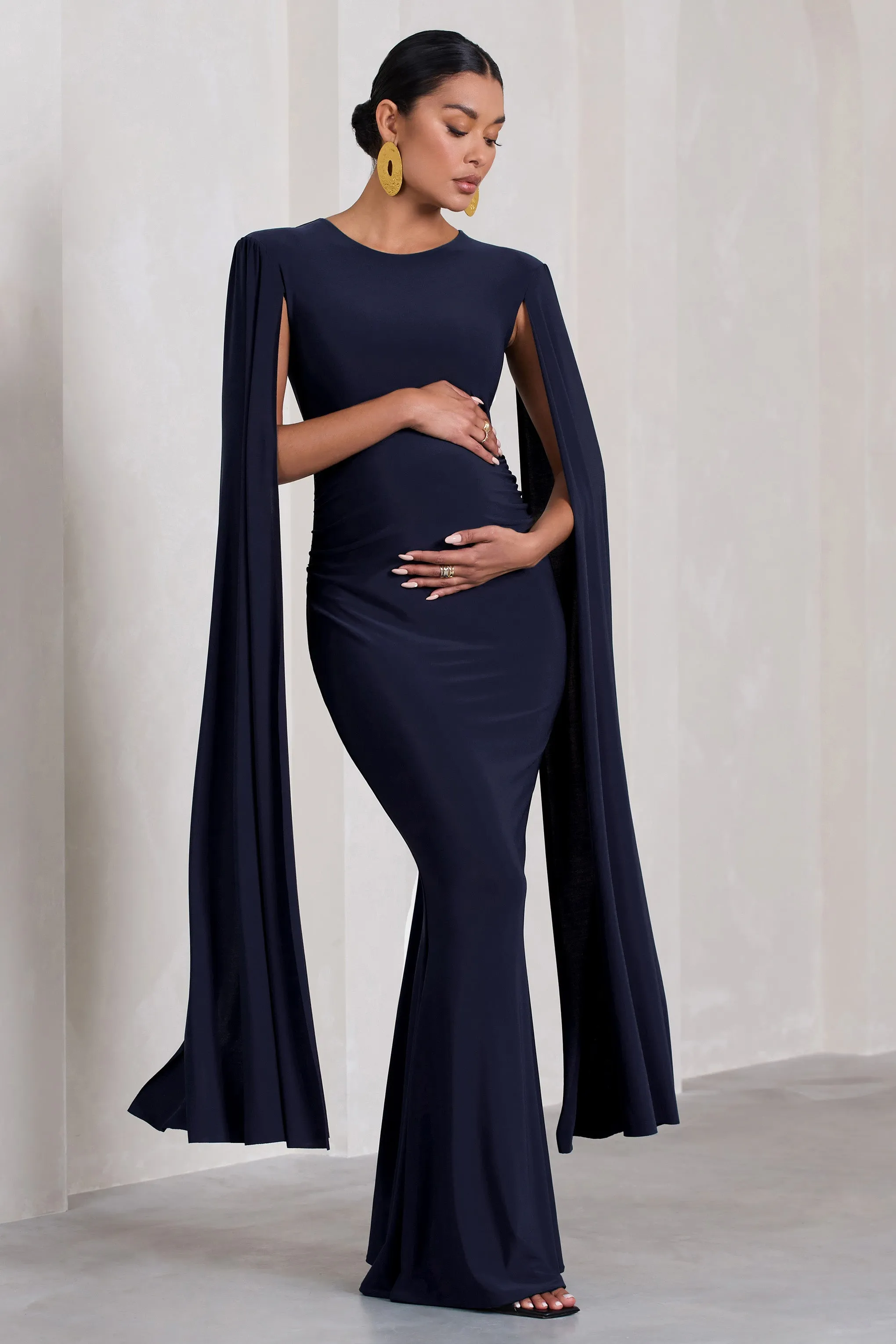 Divine Timing | Navy Maternity Maxi Dress With Cape Sleeves