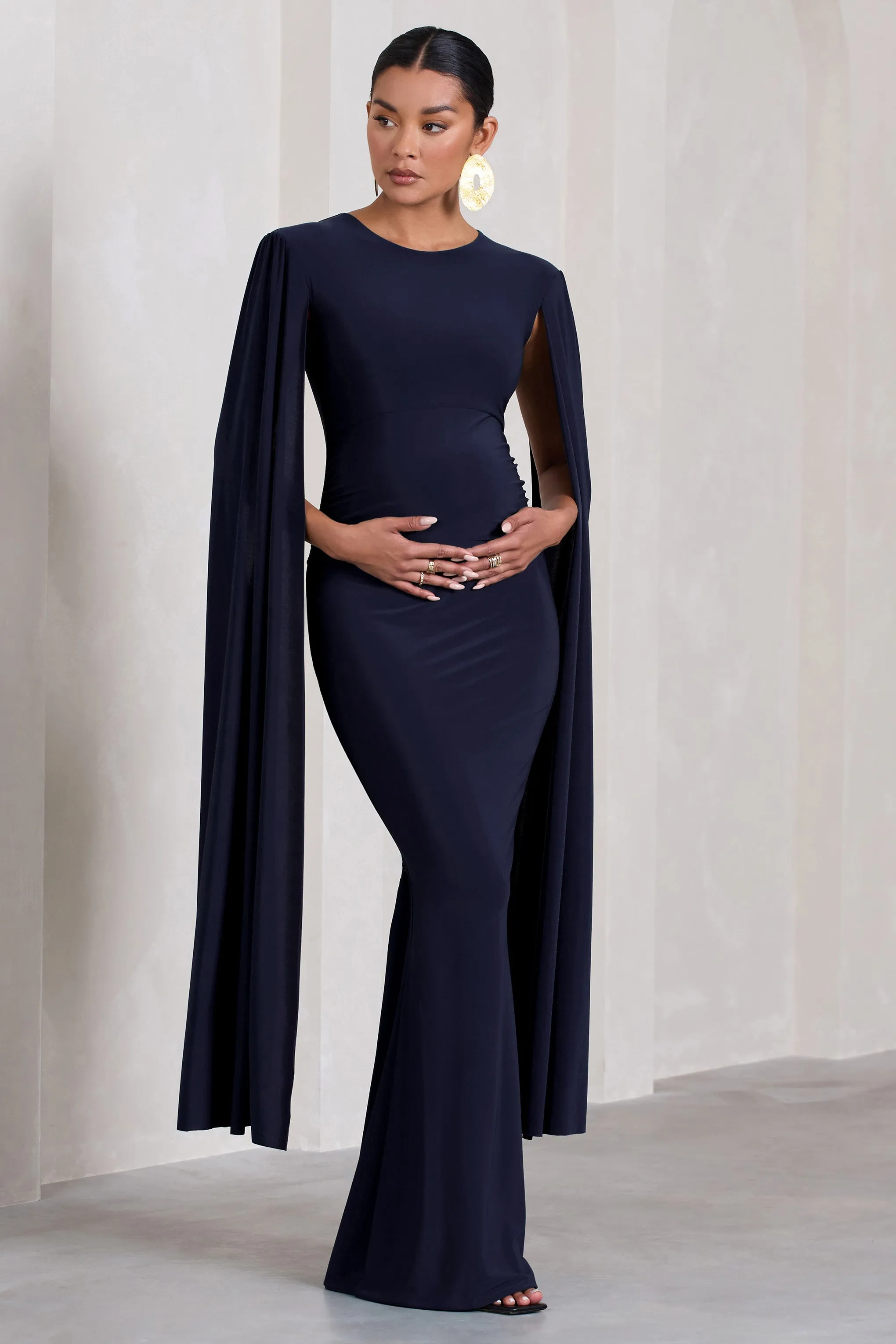 Divine Timing | Navy Maternity Maxi Dress With Cape Sleeves