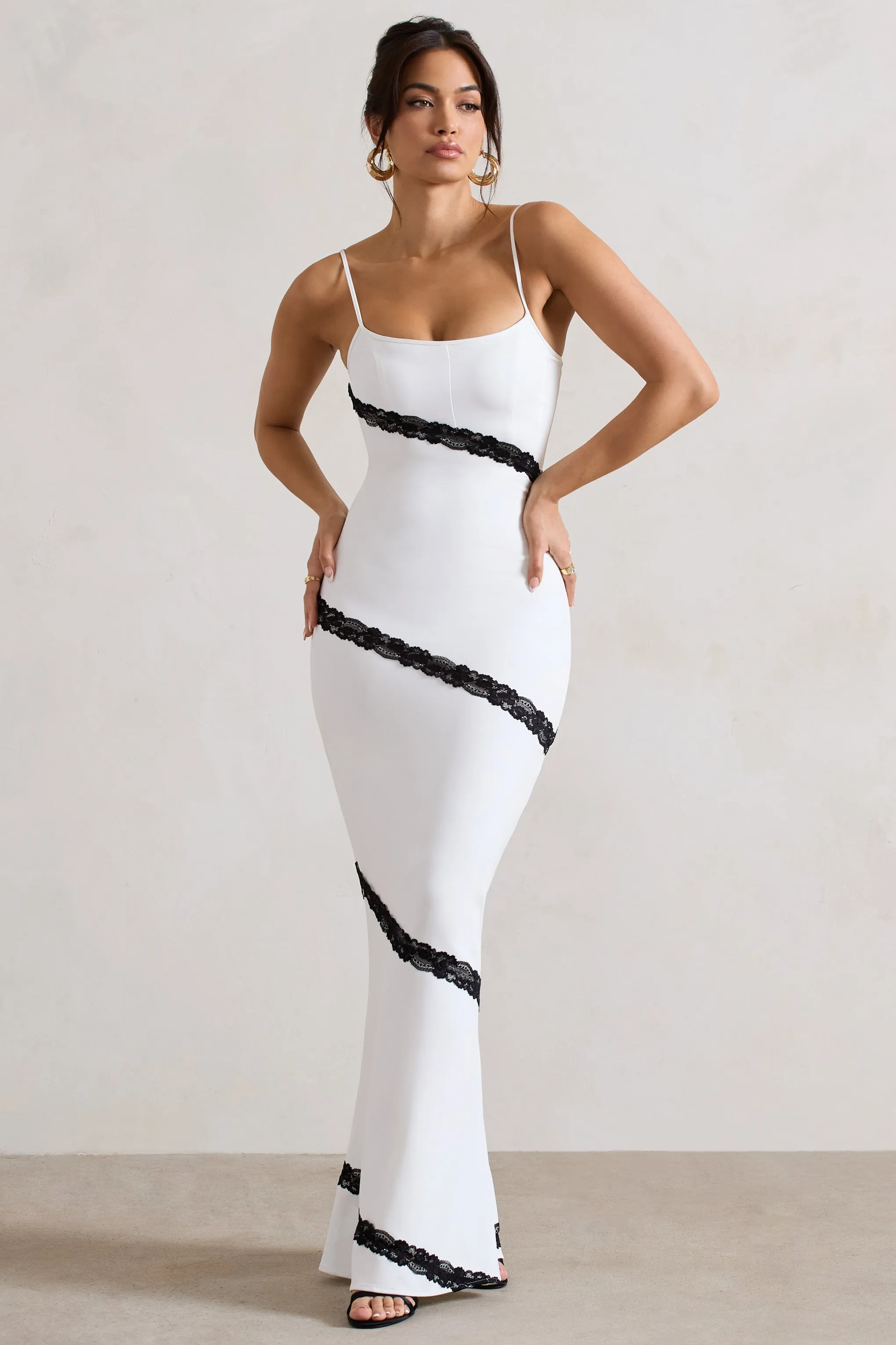 Elizabeth | White & Black Strappy Lace-Trimmed Maxi Dress