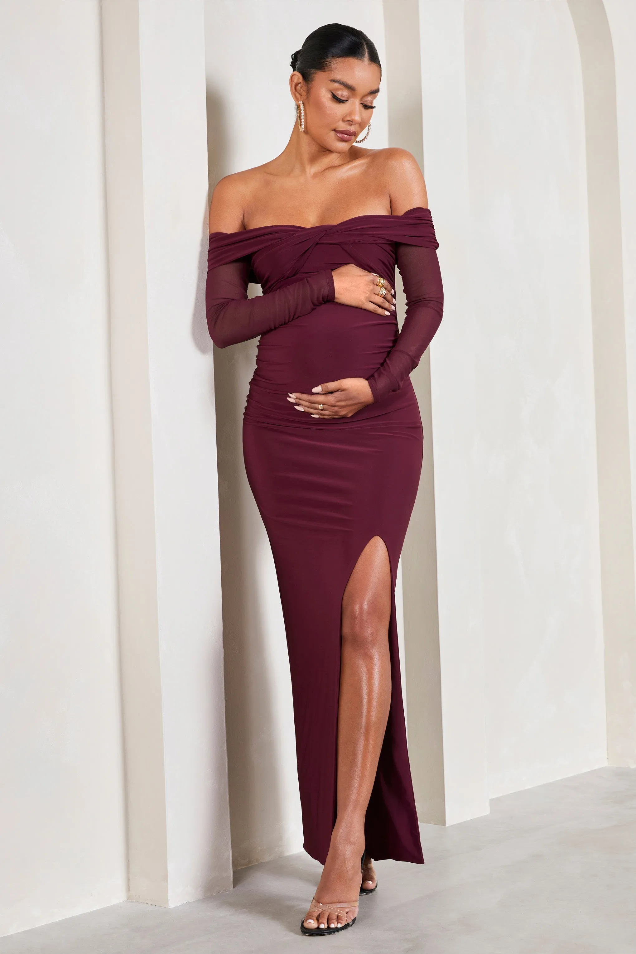 Elsie | Burgundy Bardot Long-Sleeved Maternity Maxi Dress