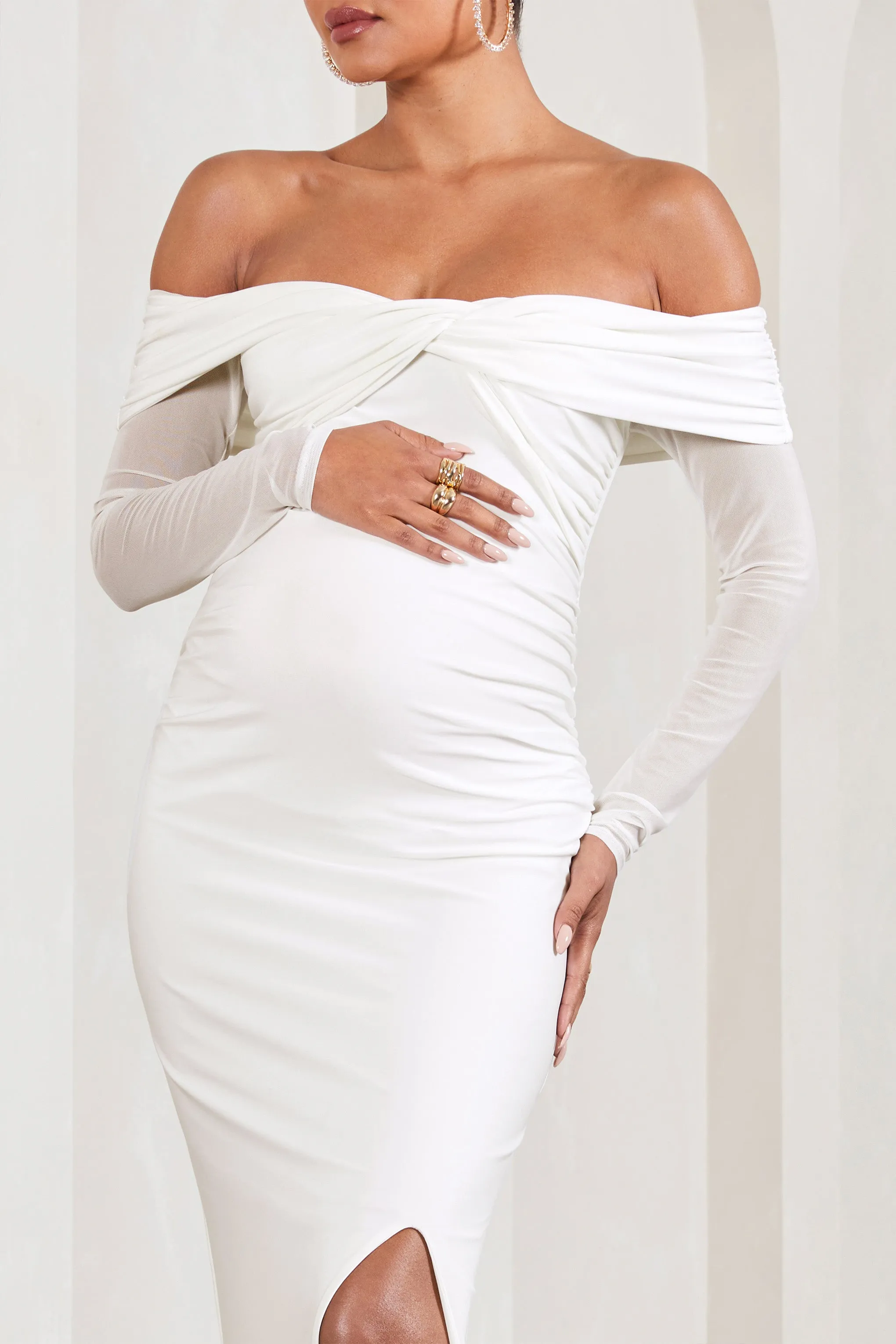 Elsie | White Bardot Long-Sleeved Maternity Maxi Dress