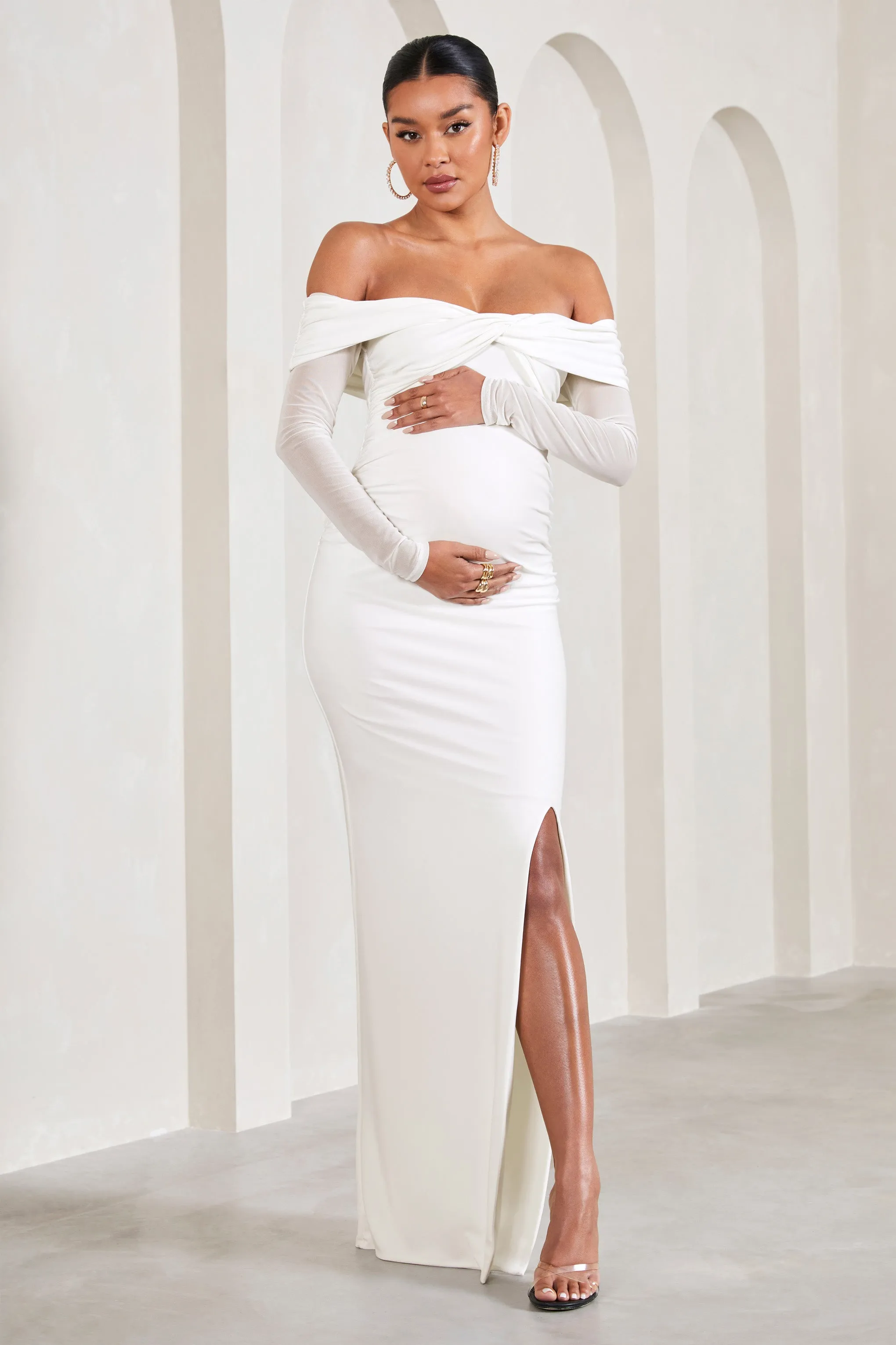 Elsie | White Bardot Long-Sleeved Maternity Maxi Dress