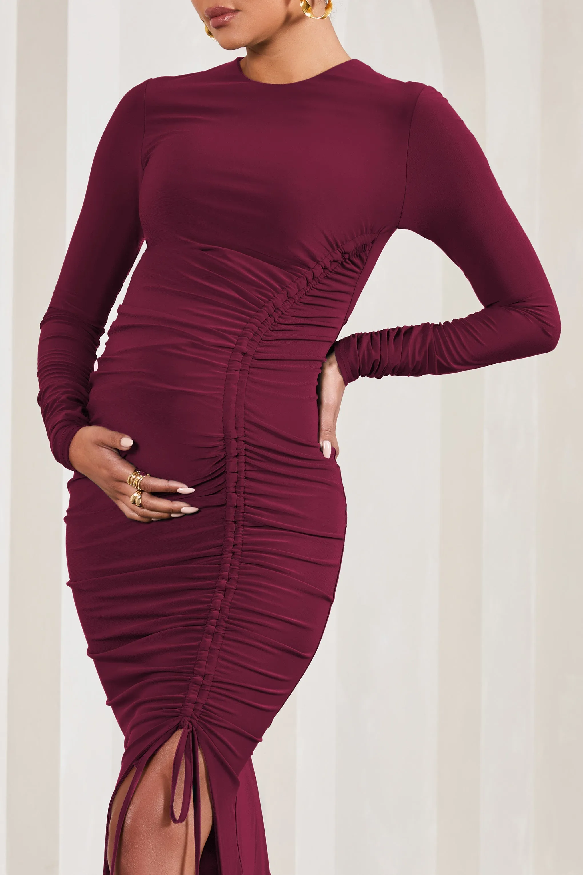 Eternal | Berry Long-Sleeved Split Maternity Midi Dress