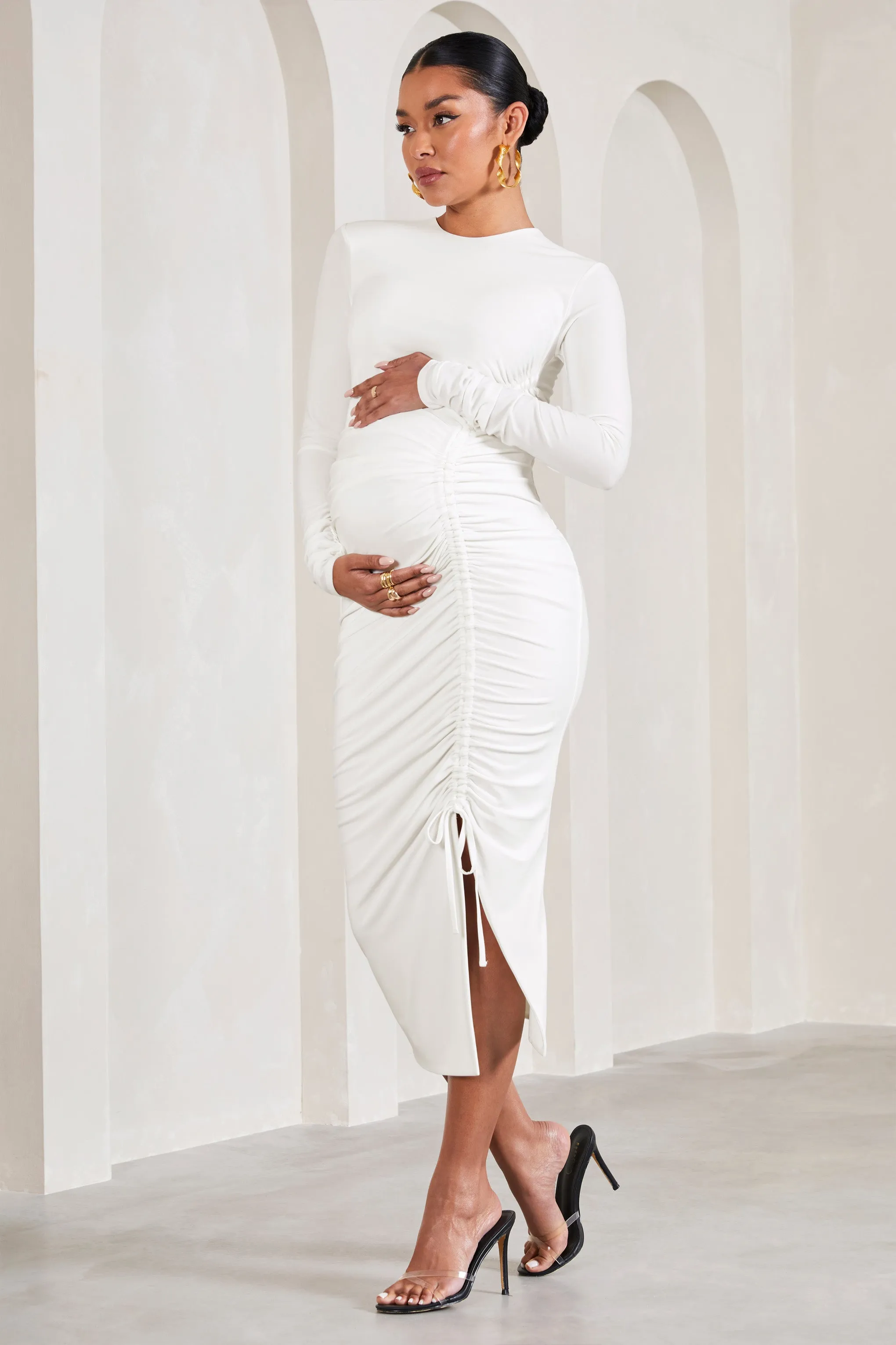 Eternal | White Ruched Long-Sleeved Split Maternity Midi Dress