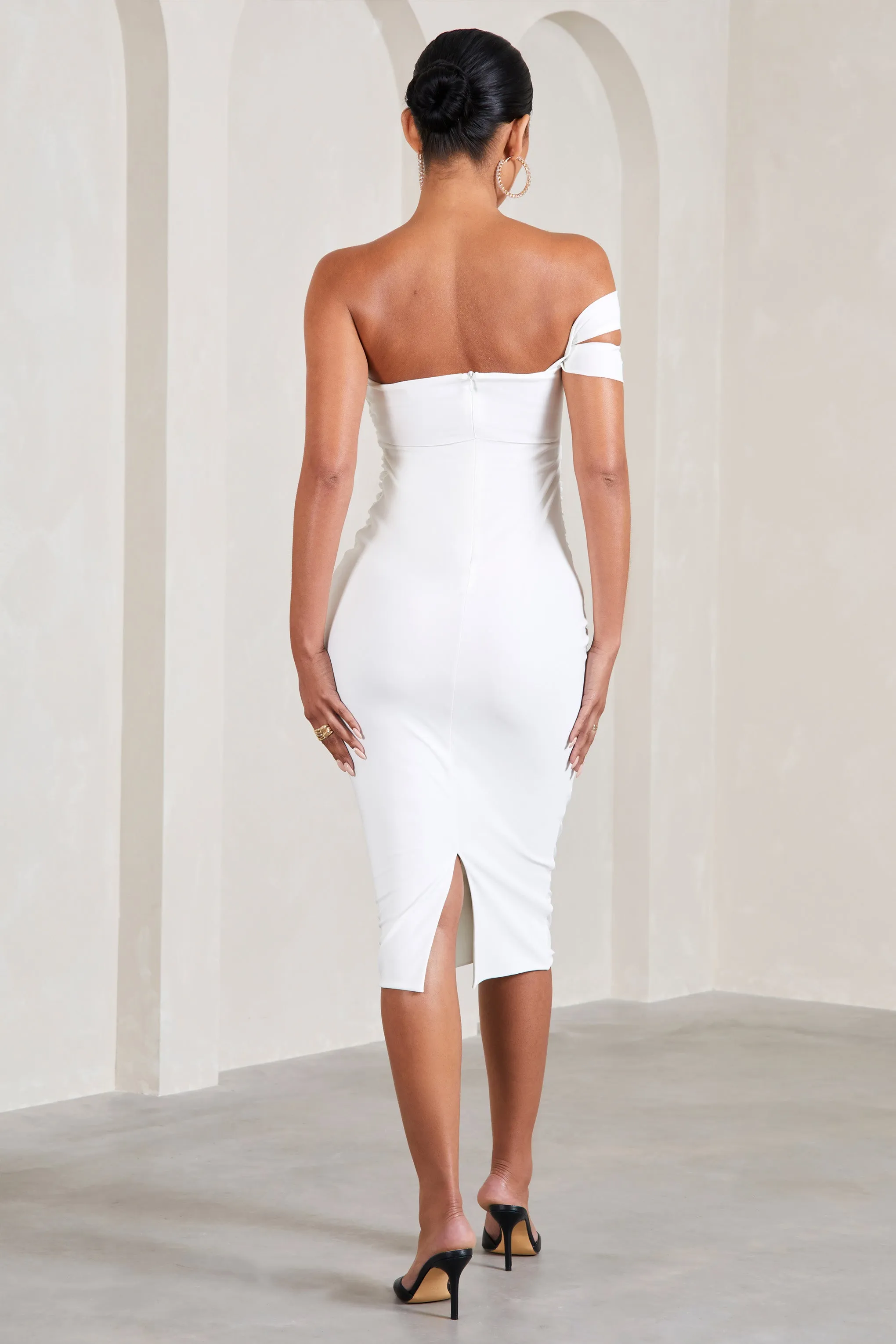 Eviana | White Bodycon Sleeveless Twist Maternity Midi Dress