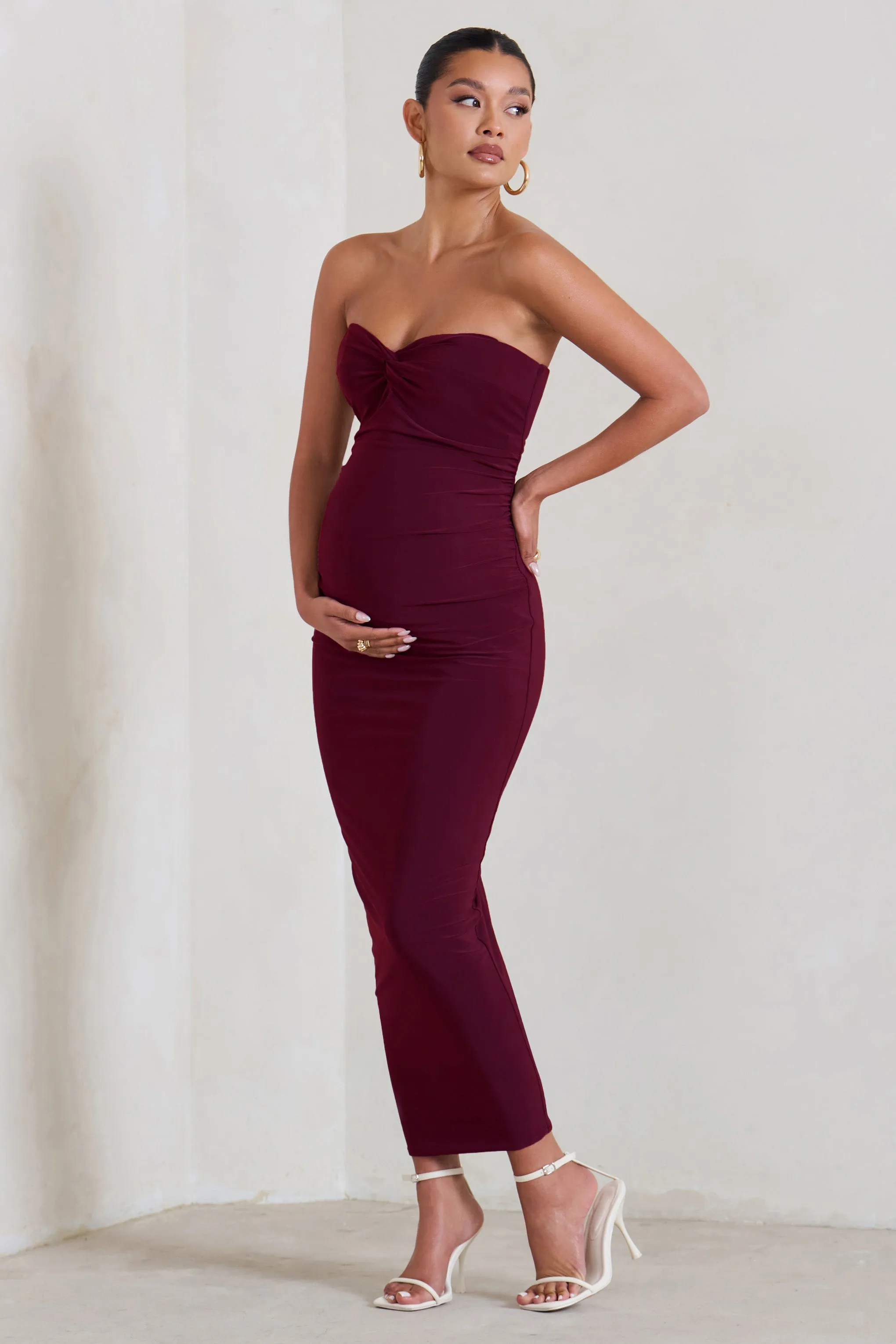 Evita | Burgundy Maternity Sweetheart Twist Detail Maxi Dress