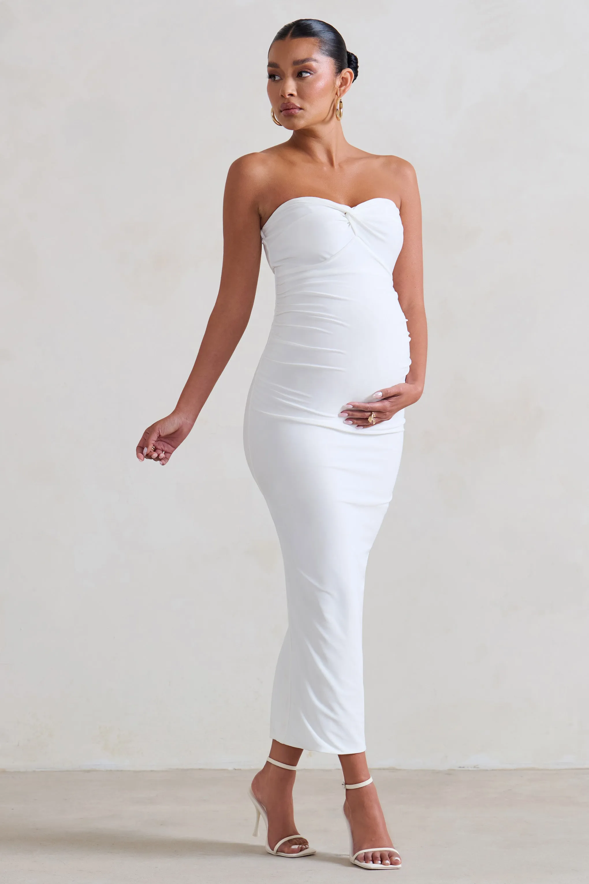 Evita | White Maternity Sweetheart Twist Detail Midi Dress