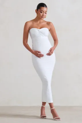 Evita | White Maternity Sweetheart Twist Detail Midi Dress