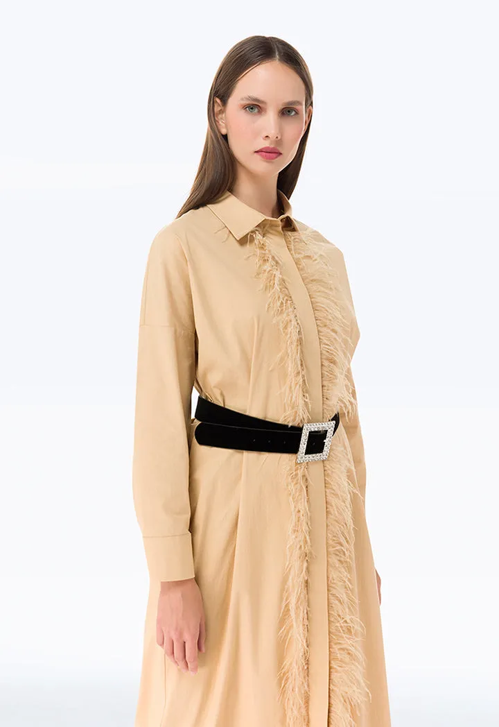 Feather Fringed Placket Shirt Dress