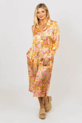 Floral Satin Shirt Dress