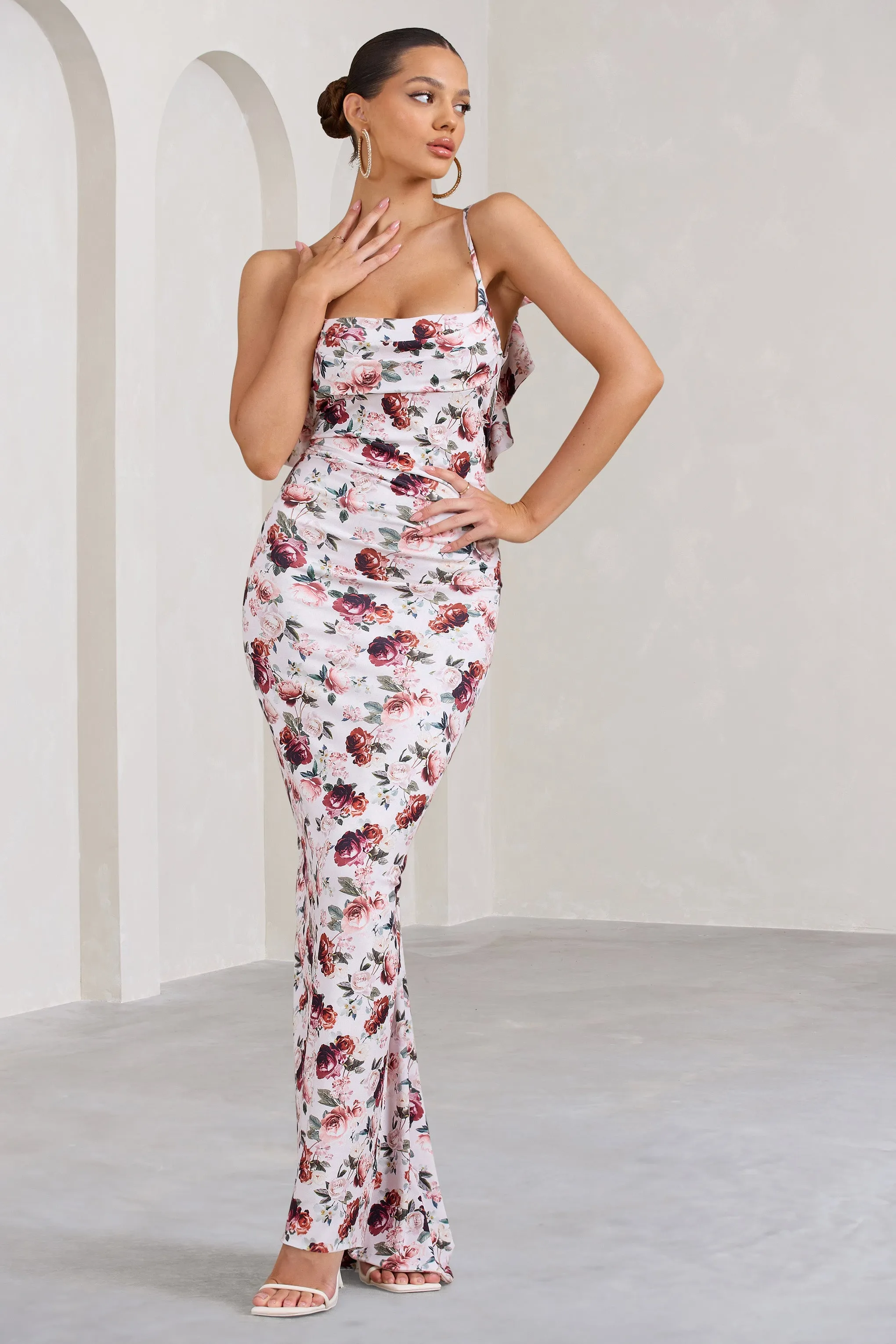 Flute | White Floral Bodycon Maxi Dress With Ruched Ruffled Back