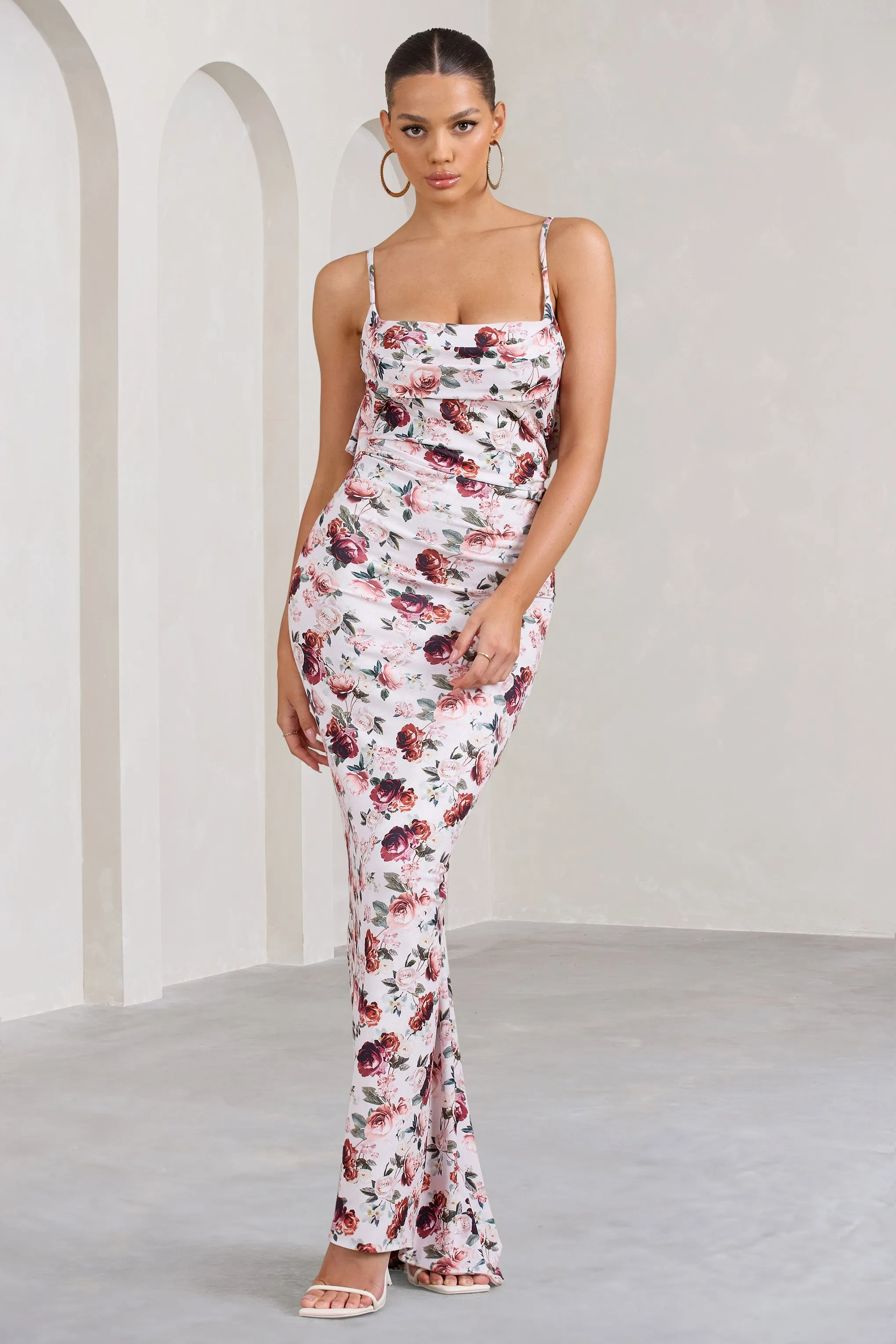 Flute | White Floral Bodycon Maxi Dress With Ruched Ruffled Back