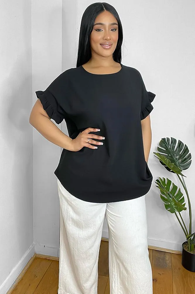 Frill Trim Short Sleeves Summer Blouse