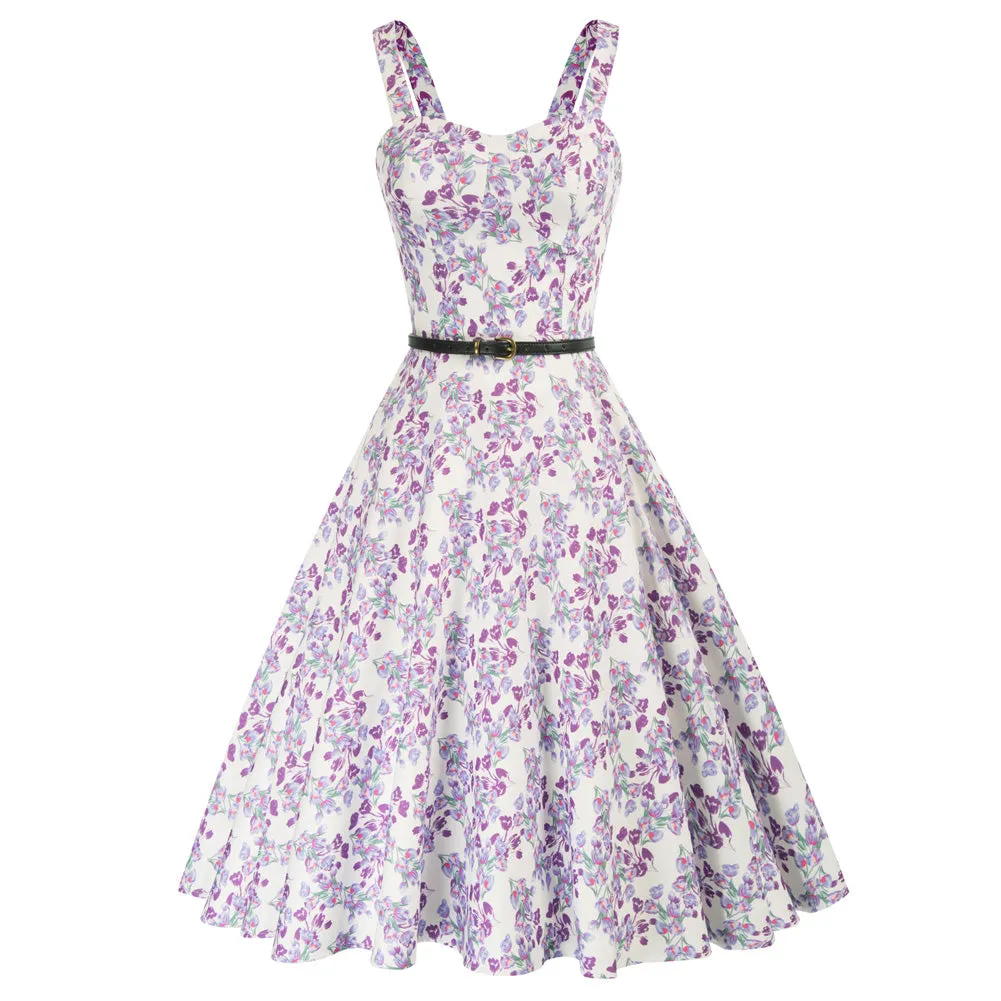 Fruit Printed Sweetheart Neck Flared 1950s Sleeveless A-Line Dress with Belt