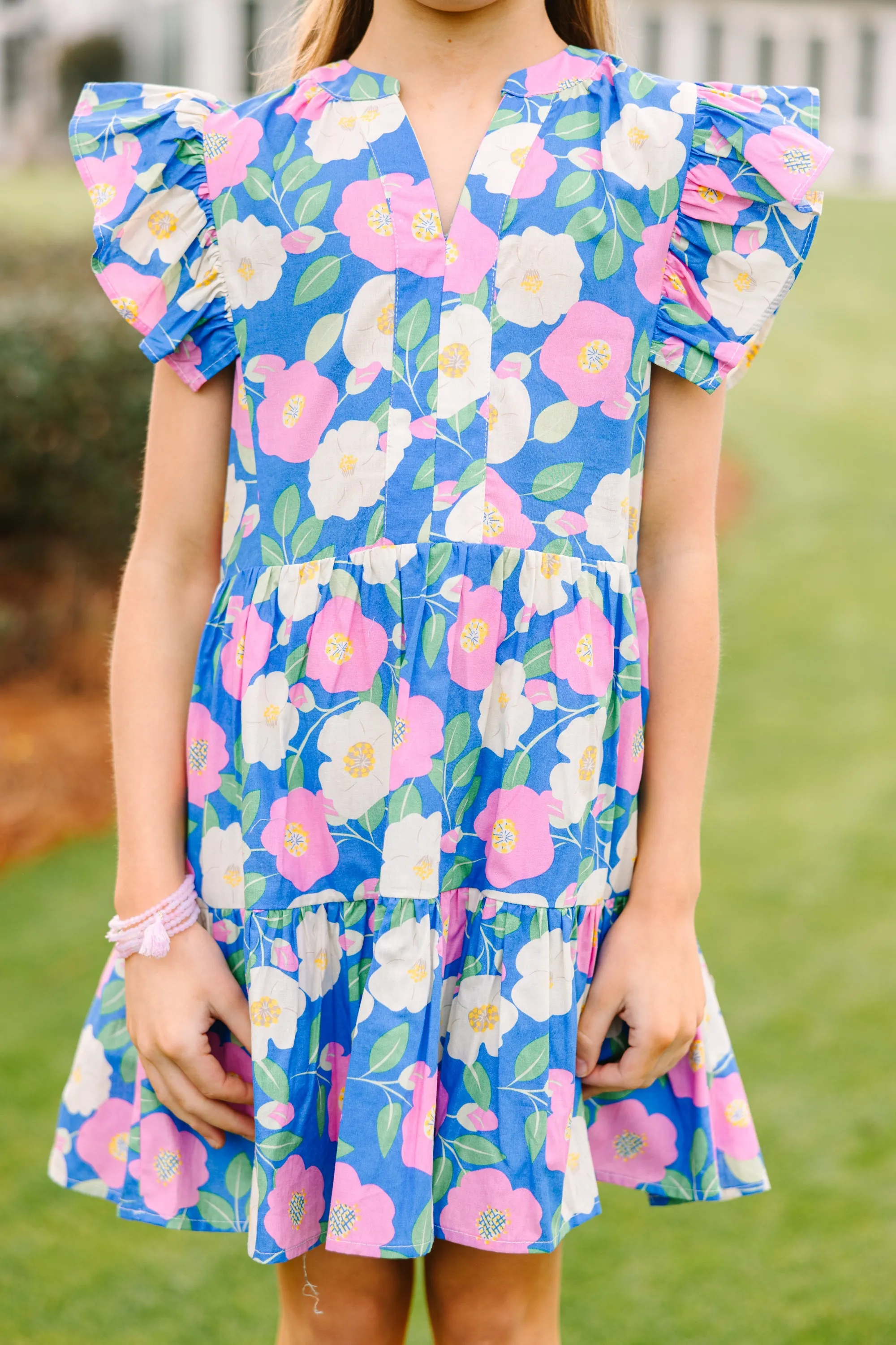 Girls: At This Time Blue Pink Combo Floral Babydoll Dress