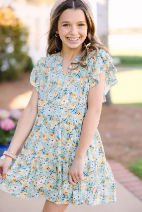 Girls: At This Time Sage Green Ditsy Floral Dress