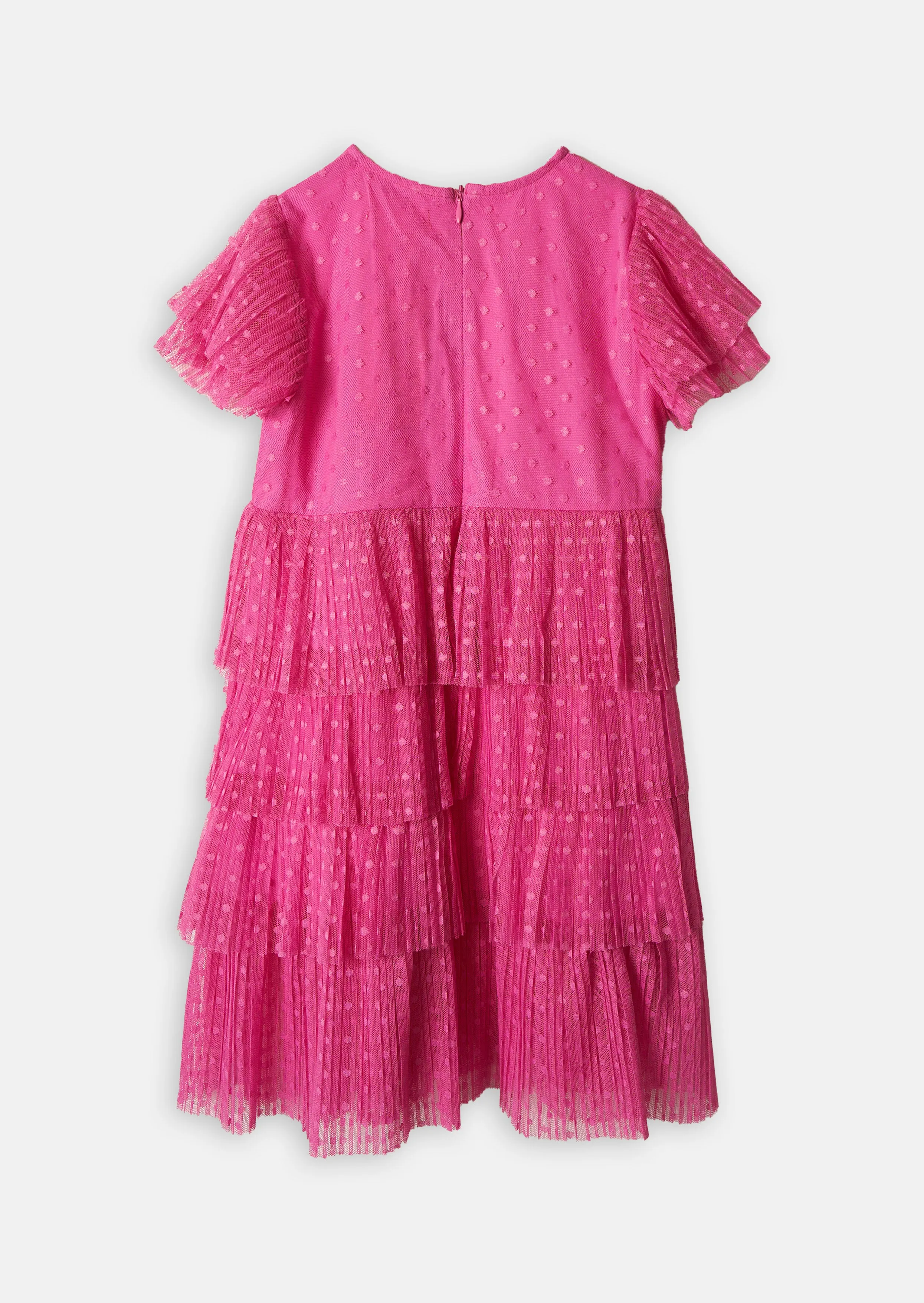 Girls Pink Print Tiered Premium Dress