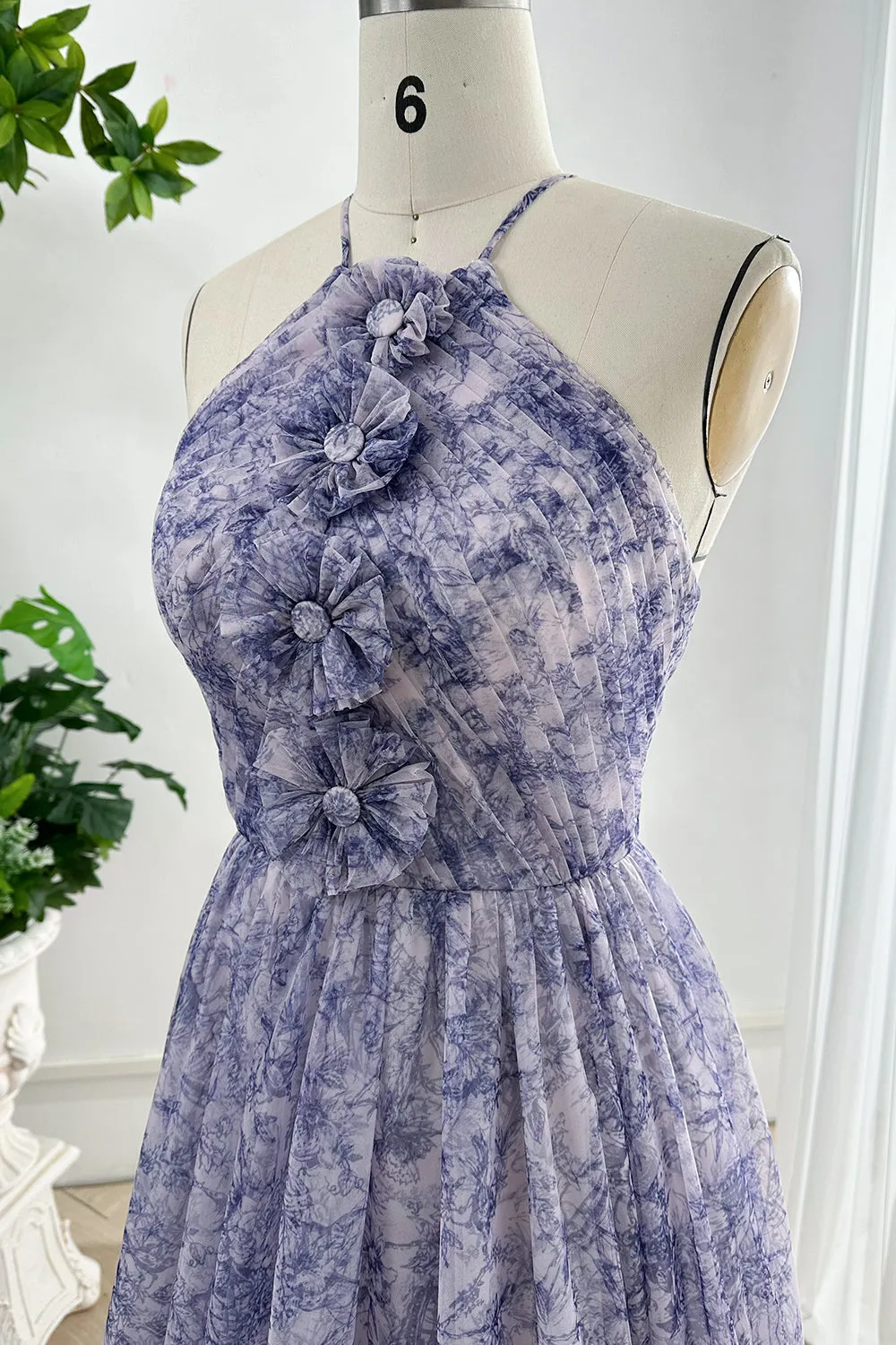 Halter Corset Blue White Print Tulle Dress with Handmade Flower