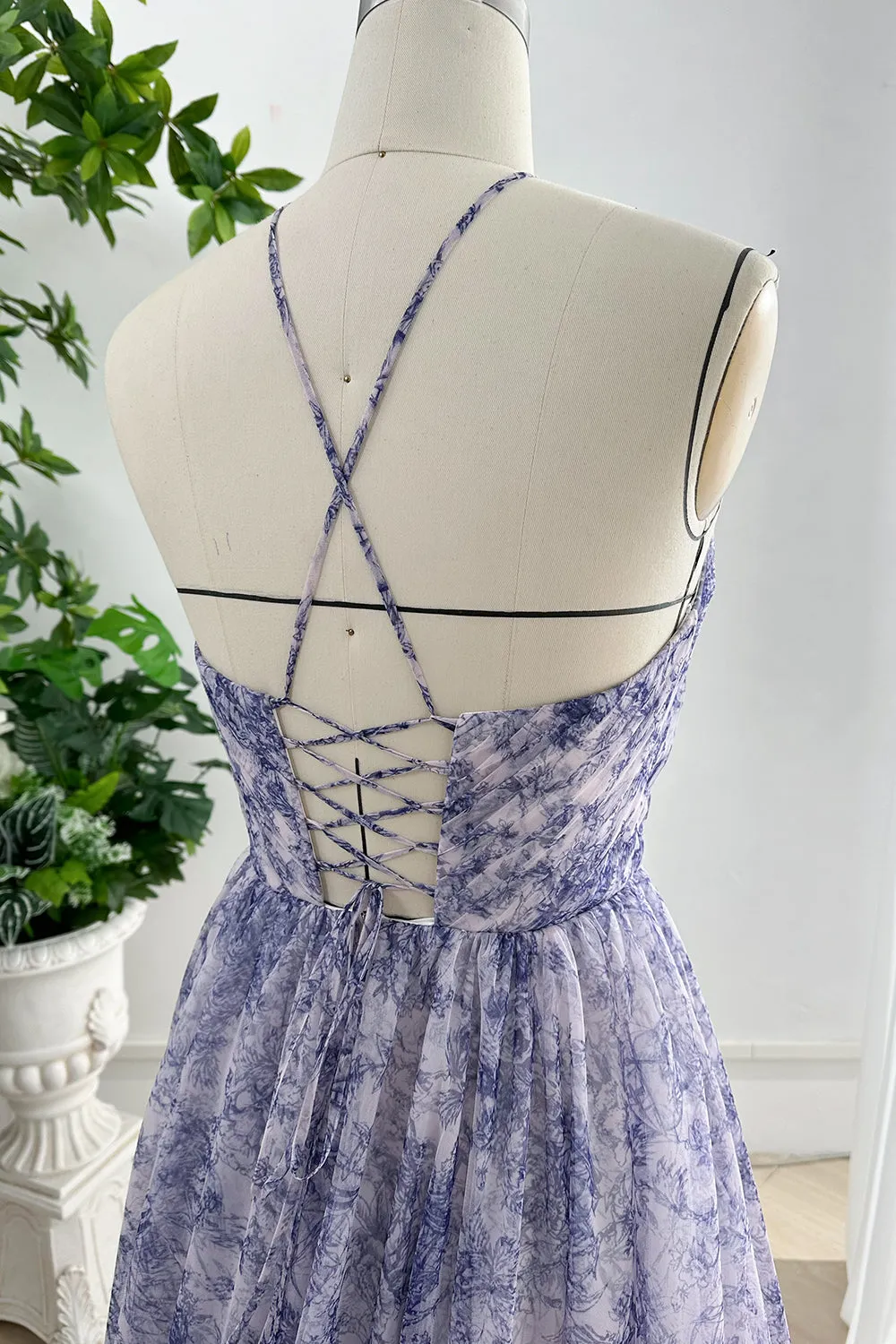 Halter Corset Blue White Print Tulle Dress with Handmade Flower