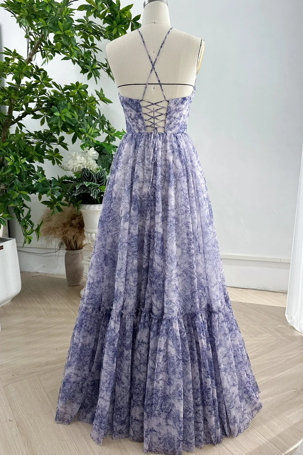 Halter Corset Blue White Print Tulle Dress with Handmade Flower