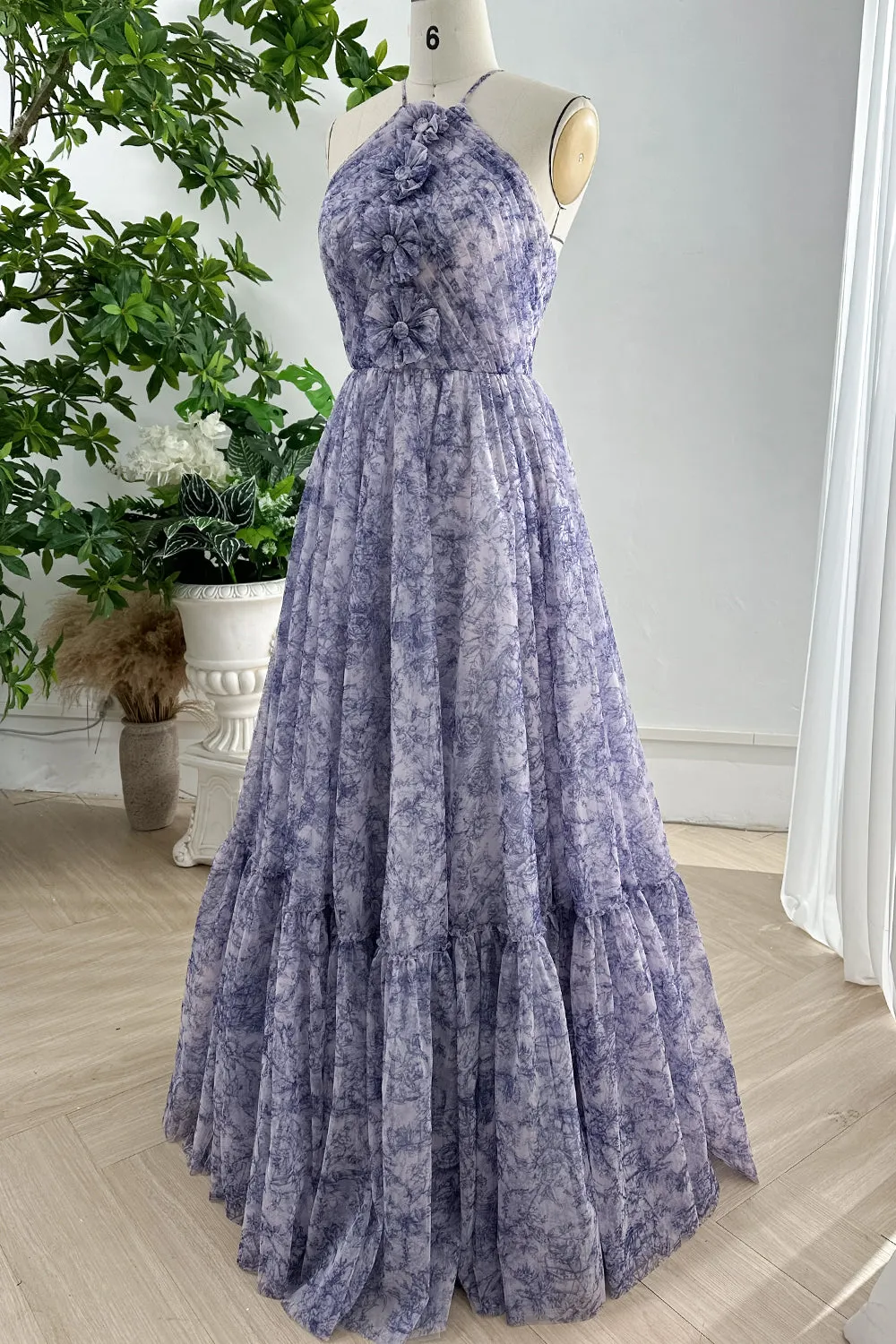 Halter Corset Blue White Print Tulle Dress with Handmade Flower