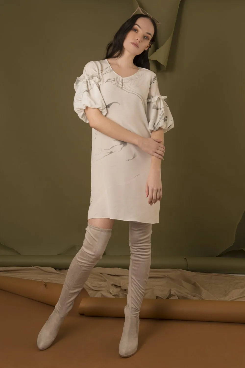 Hand Marbled Silk Tunic Dress - White & Grey